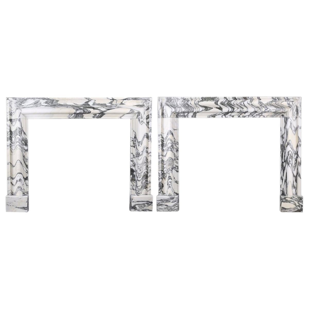 Pair of Beautiful Baroque Bolection Fireplaces in Italian Arabescato Marble