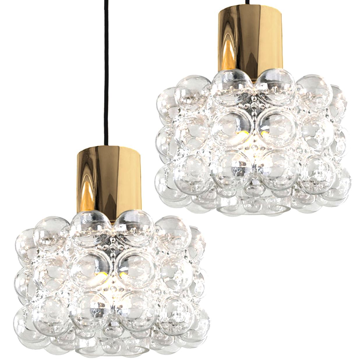 Blown Glass Pair of Beautiful Bubble Glass Pendant Lamps by Helena Tynell, 1960