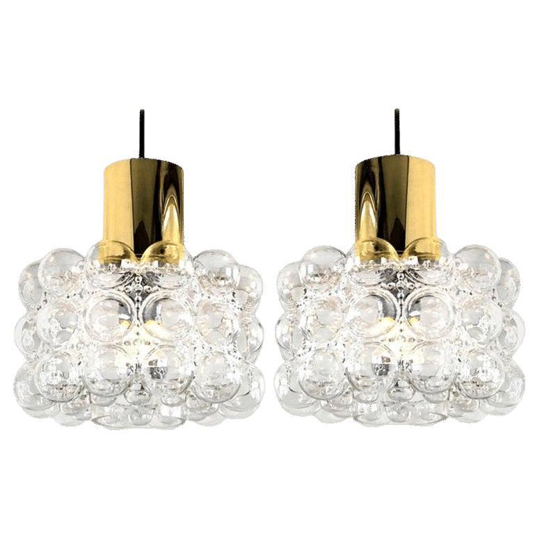 Pair of Beautiful Bubble Glass Pendant Lamps by Helena Tynell, 1960