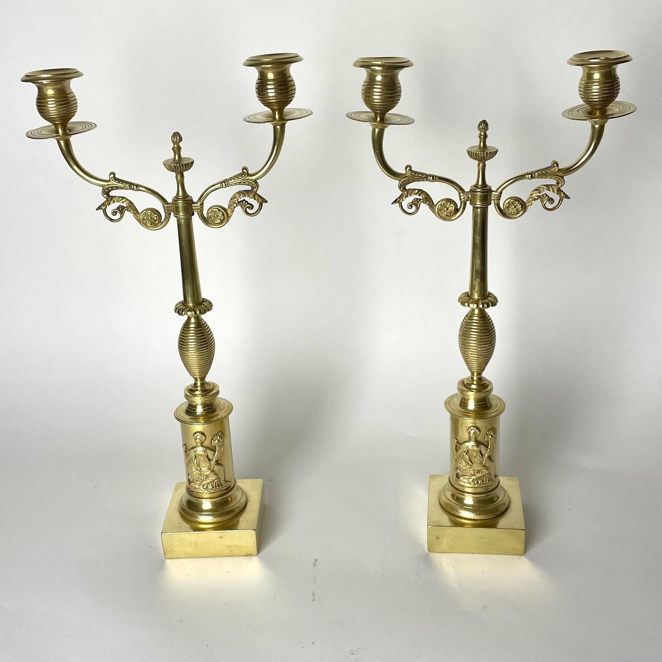 Early 19th Century Pair of beautiful Candelabras in brass. Karl Johan, Swedish Empire circa 1820s For Sale