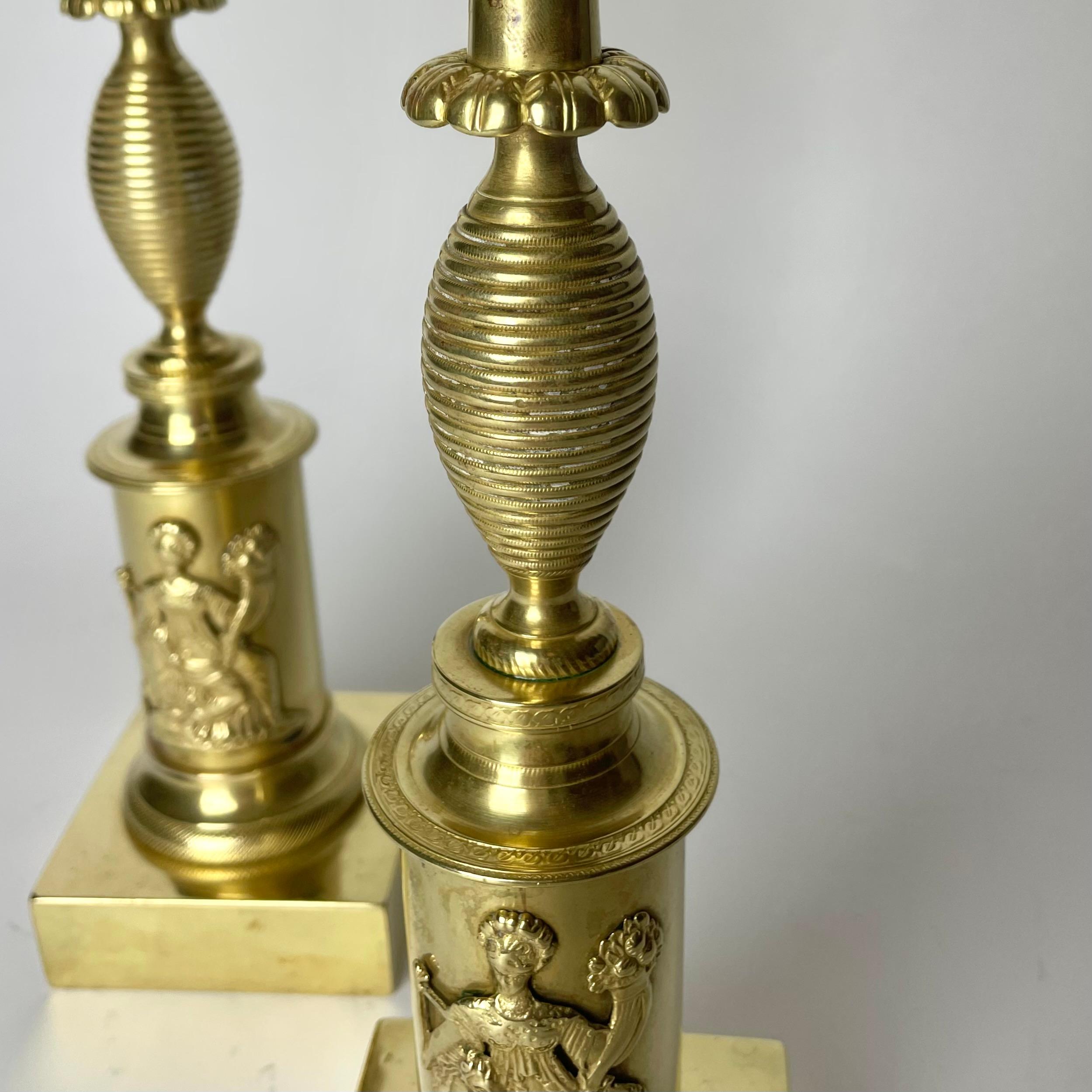 Early 19th Century Pair of beautiful Candelabras in brass. Karl Johan, Swedish Empire circa 1820s For Sale