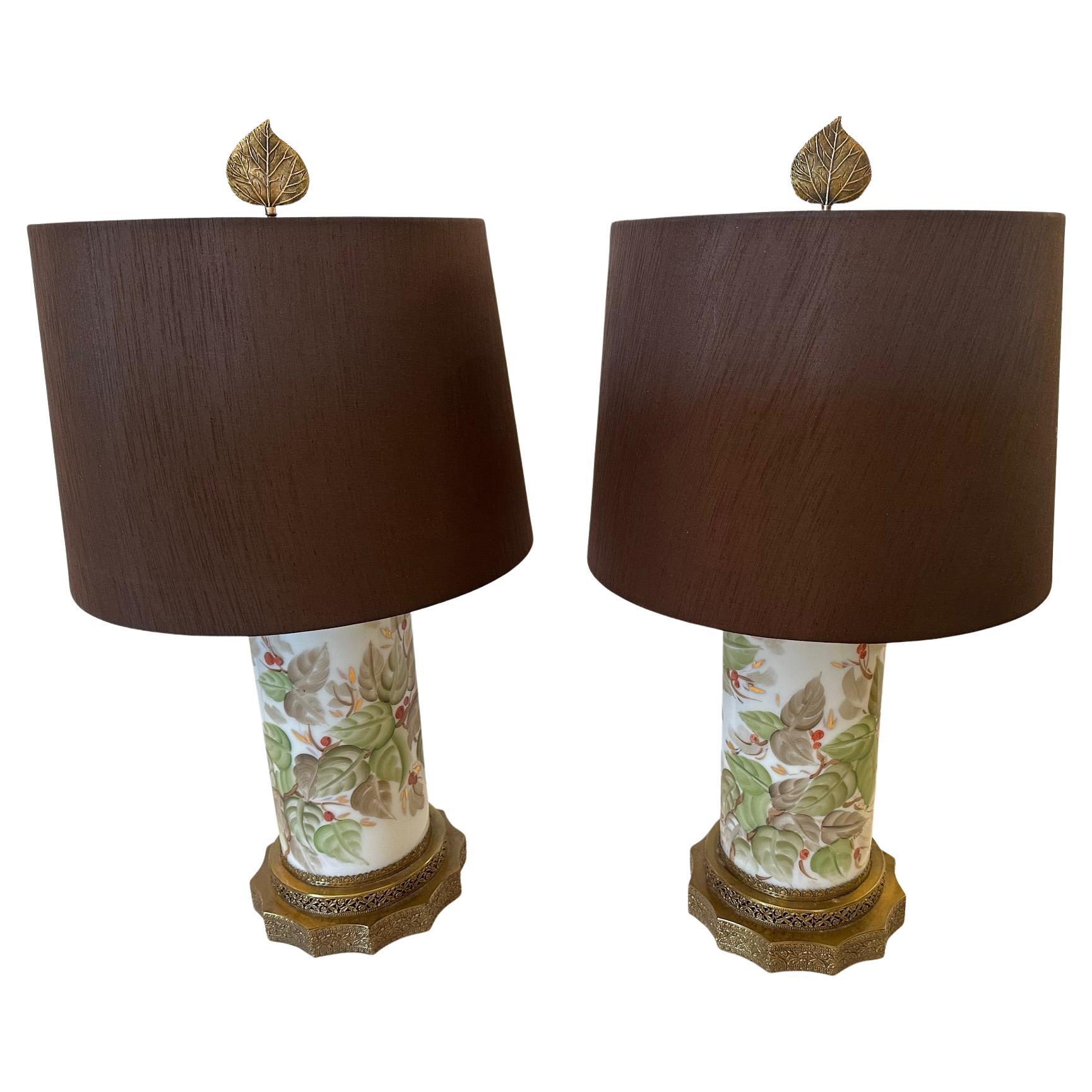 Pair of Beautiful Chinese Porcelain Lamps with Brass Bases and Custom Shades