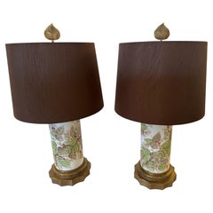 Pair of Beautiful Chinese Porcelain Lamps with Brass Bases and Custom Shades