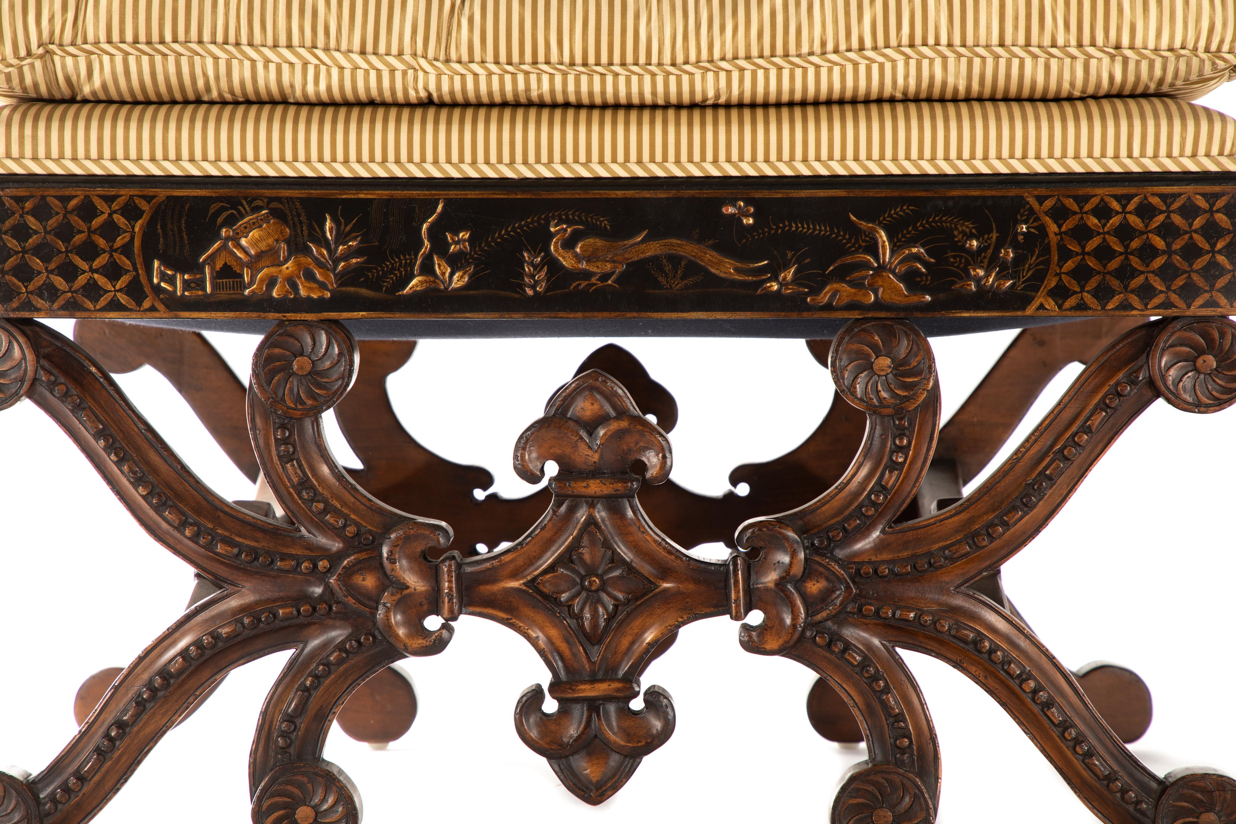 Pair of Chinoiserie Stools, carved and hand-painted.  Semi attached box cushion covered in Randolph & Hein 