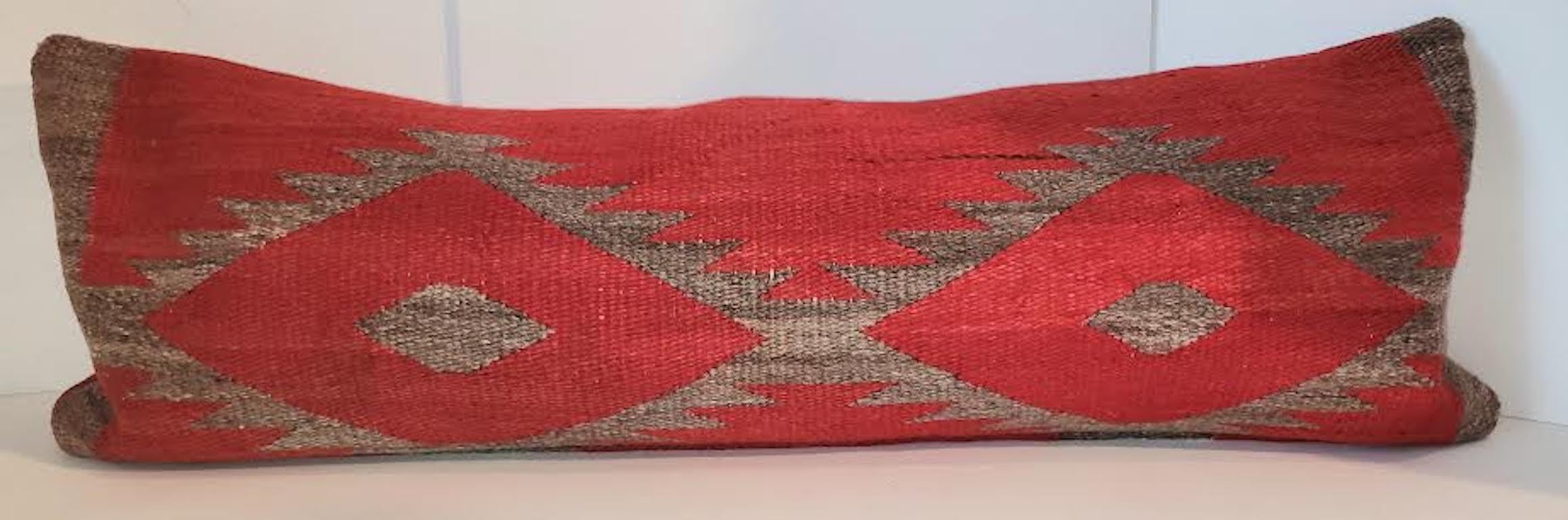 Pair of custom made Early 19th C Navajo Indian Weaving Pillows. Beautiful red Backing with Zipped Casing for Cleaning. Feather and Down inserts.
