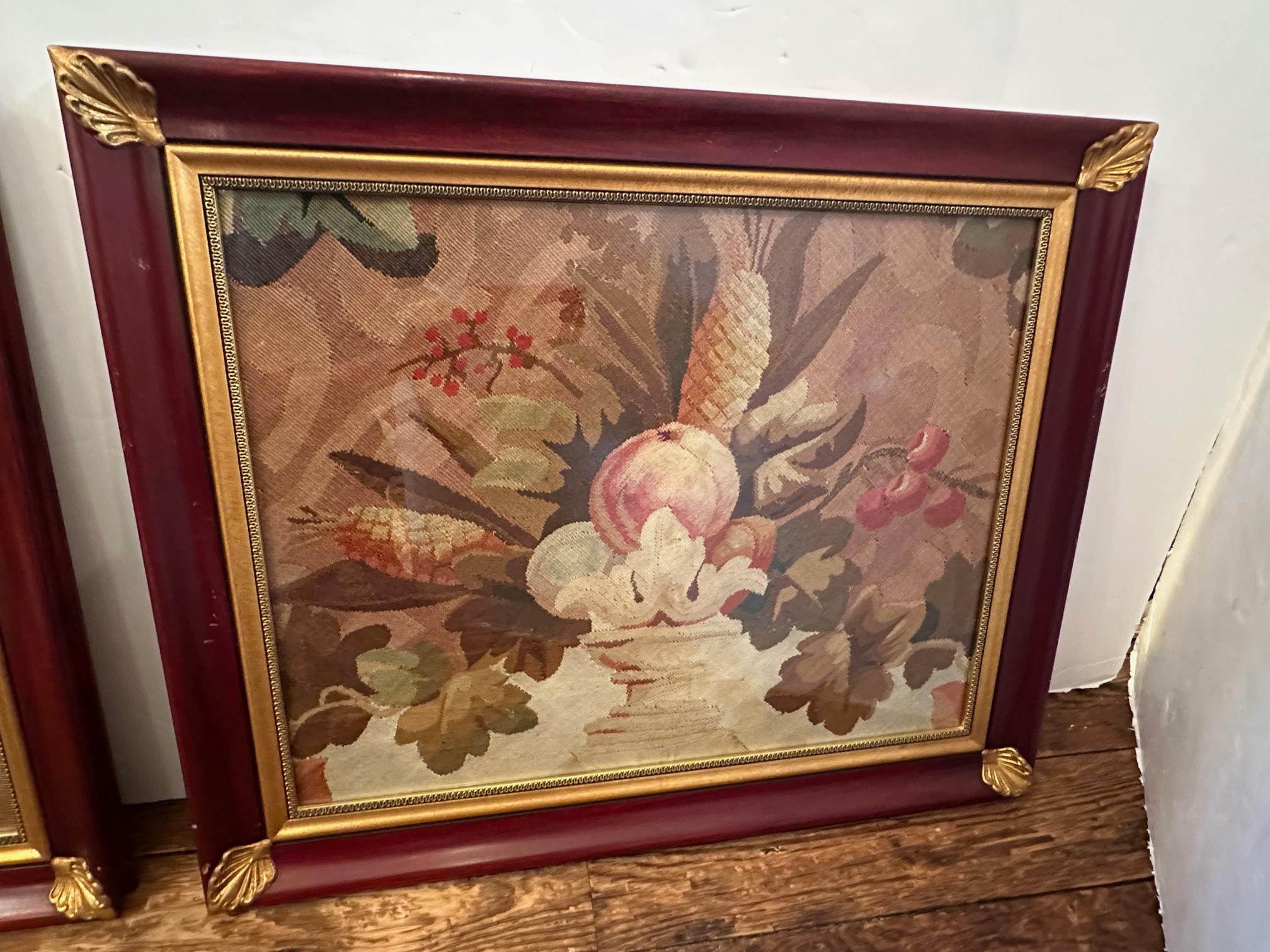 Lovely antique tapestry fragments framed beautifully in mahogany and gilded moldings.