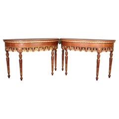 Pair of Beautiful French Louis XVI Flame Walnut Carved demilune Console Tables 