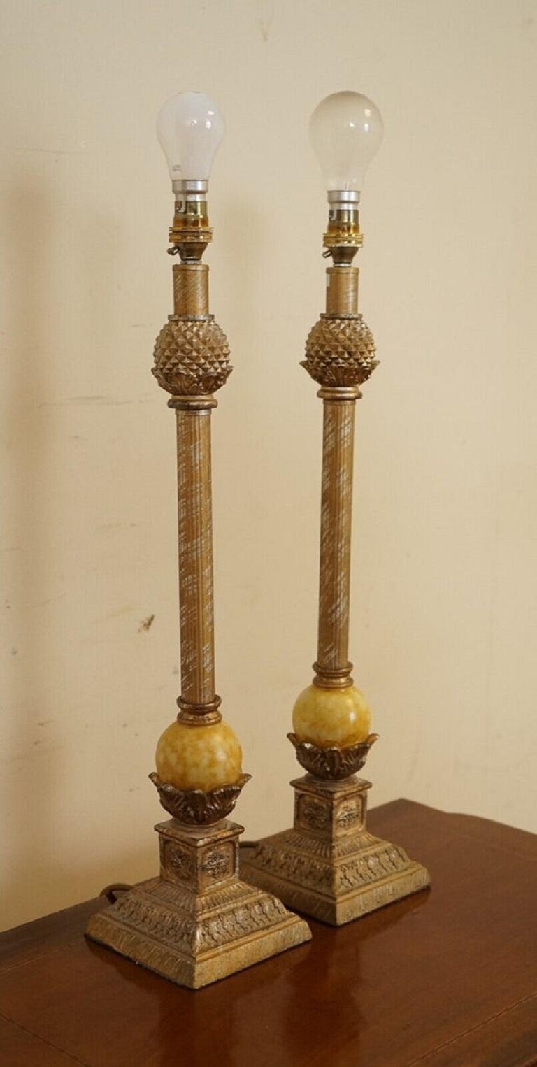 British Pair of Beautiful French Style Lamps with Marble Look Ball on the Bottom For Sale
