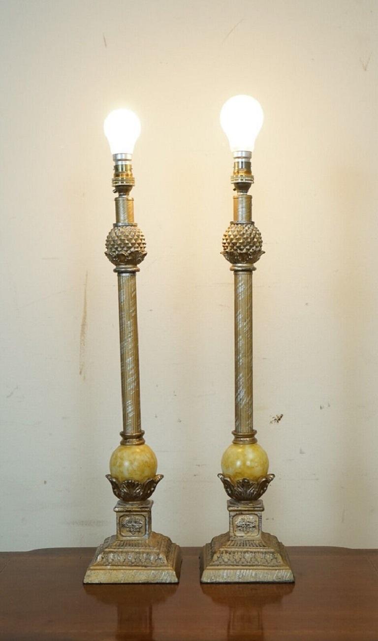 Onyx Pair of Beautiful French Style Lamps with Marble Look Ball on the Bottom For Sale