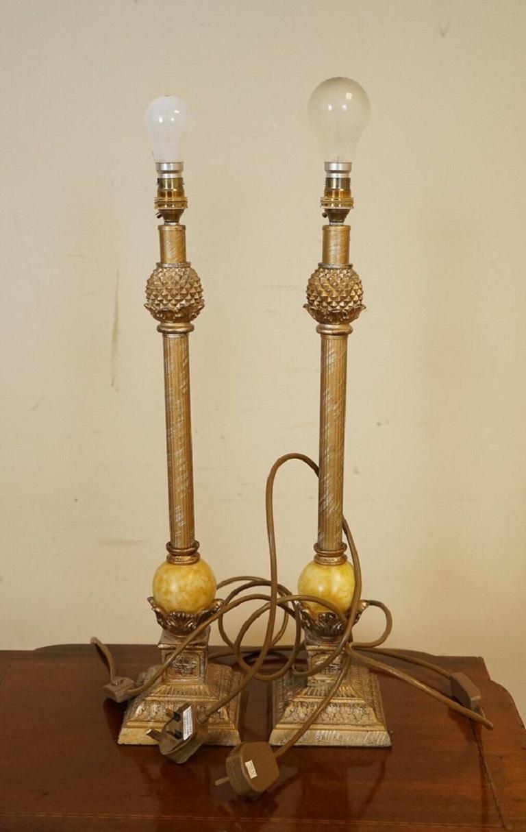 Pair of Beautiful French Style Lamps with Marble Look Ball on the Bottom For Sale 1