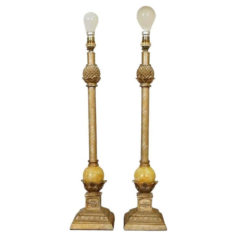 Pair of Beautiful French Style Lamps with Marble Look Ball on the Bottom For Sale