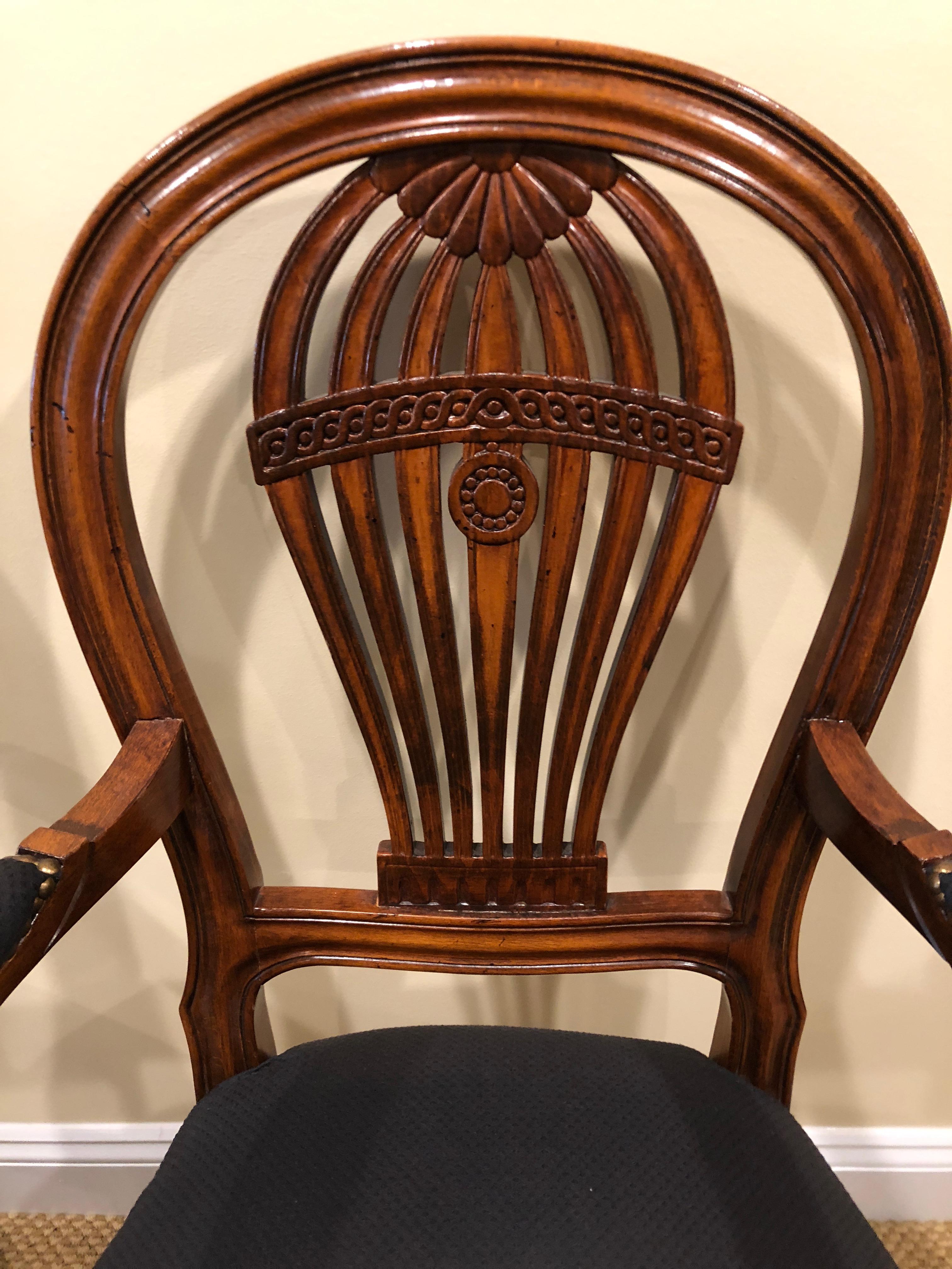 Pair of Beautiful Fruitwood Balloon Motife Back Carved Wood Armchairs In Excellent Condition In Hopewell, NJ