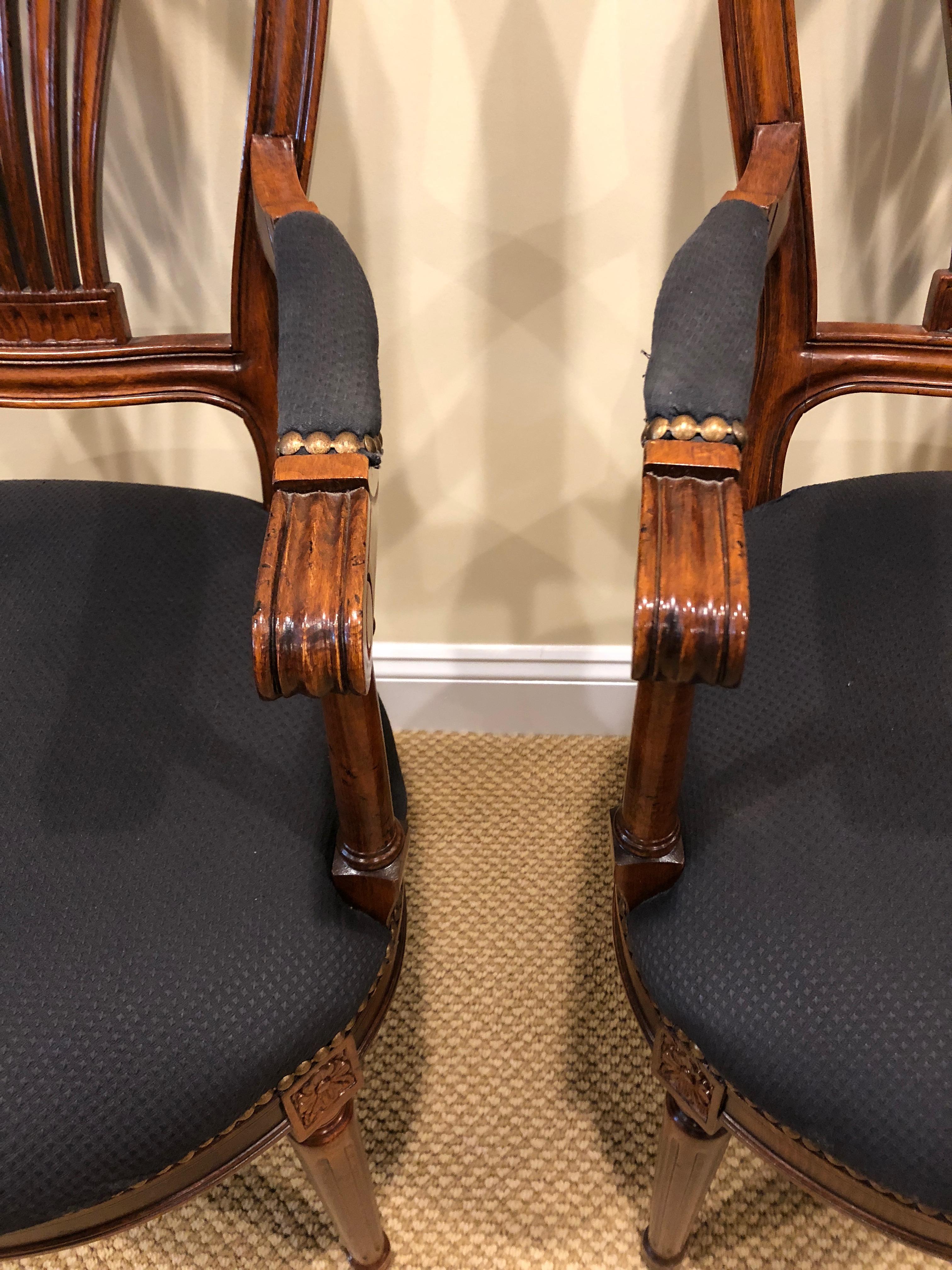 Upholstery Pair of Beautiful Fruitwood Balloon Motife Back Carved Wood Armchairs