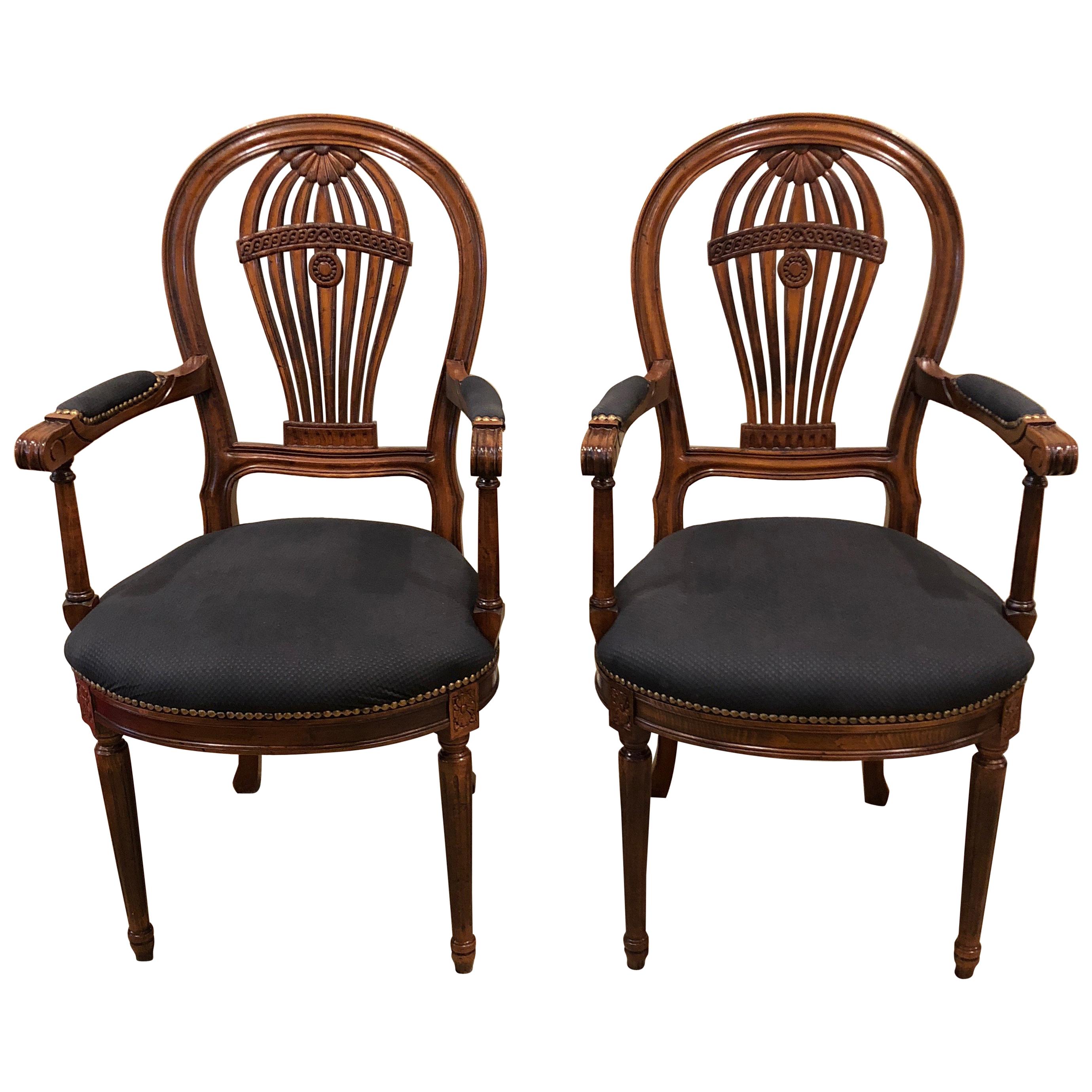 Pair of Beautiful Fruitwood Balloon Motife Back Carved Wood Armchairs