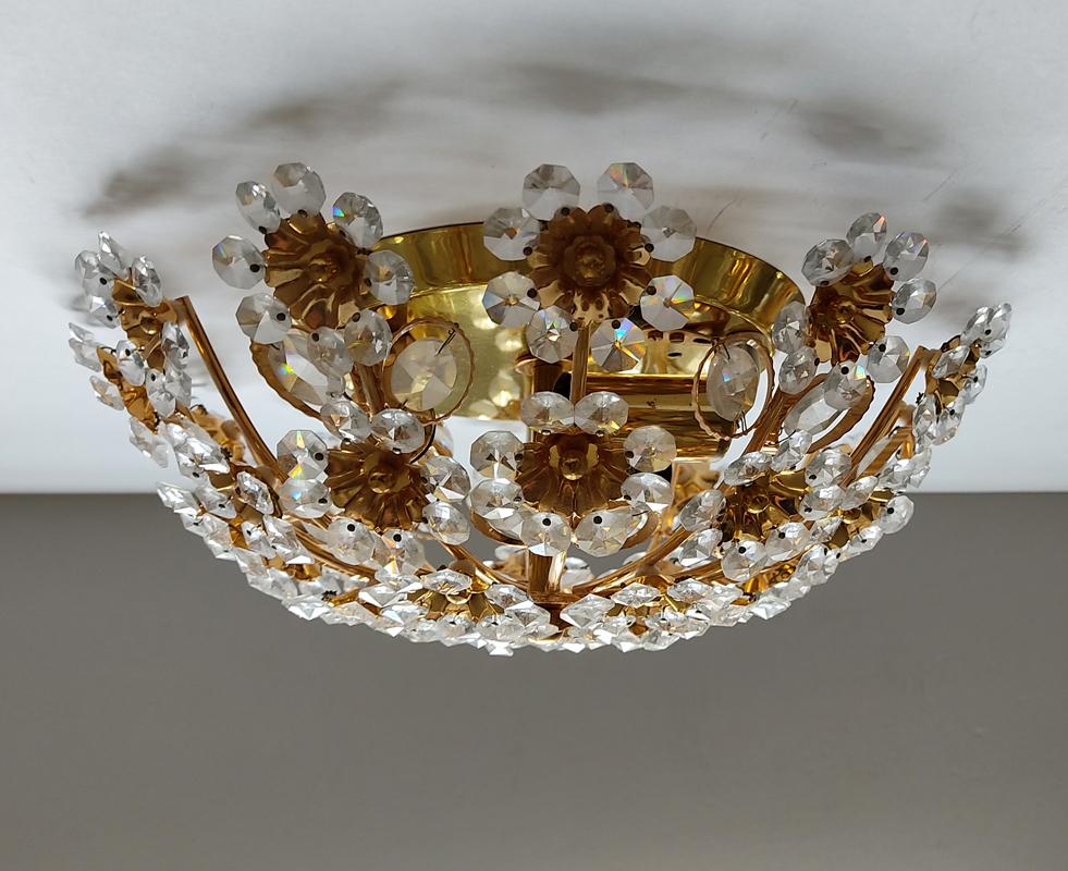 Hollywood Regency Pair of Beautiful German Vintage Gold-Plated Chandeliers Flush Mounts, 1960s For Sale