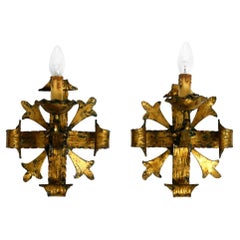 Pair of beautiful heavy 1960s gilded iron wall lamps in Brutalist design