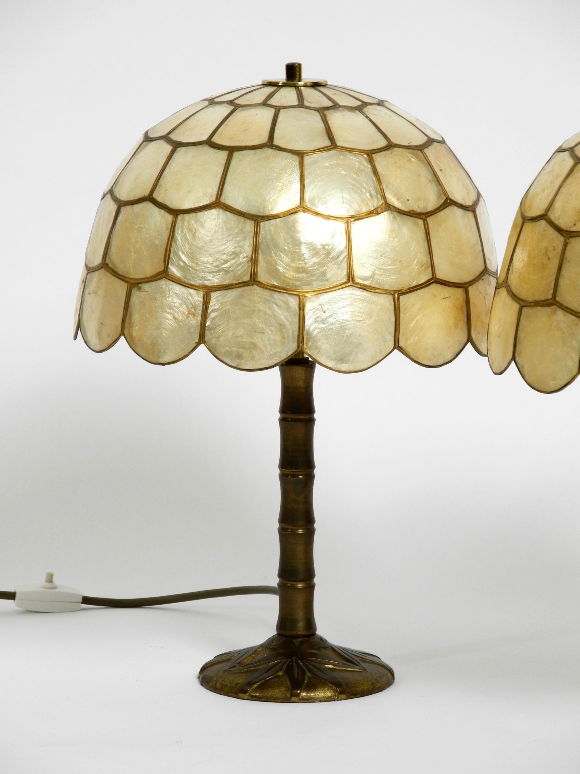 Pair of Beautiful Large 1960s Brass Table Lamps with Mother of Pearl Shades 6