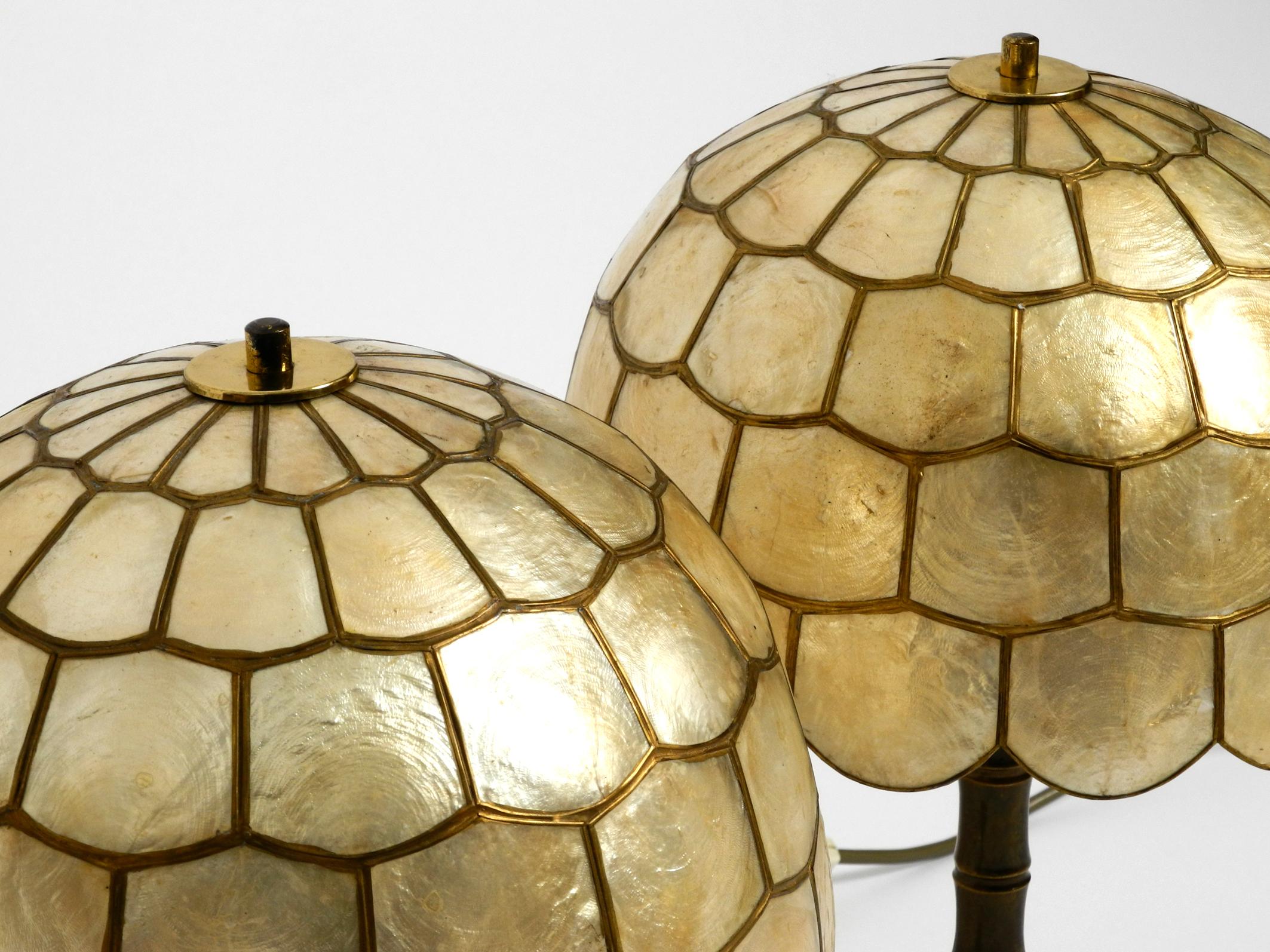 Mid-Century Modern Pair of Beautiful Large 1960s Brass Table Lamps with Mother of Pearl Shades