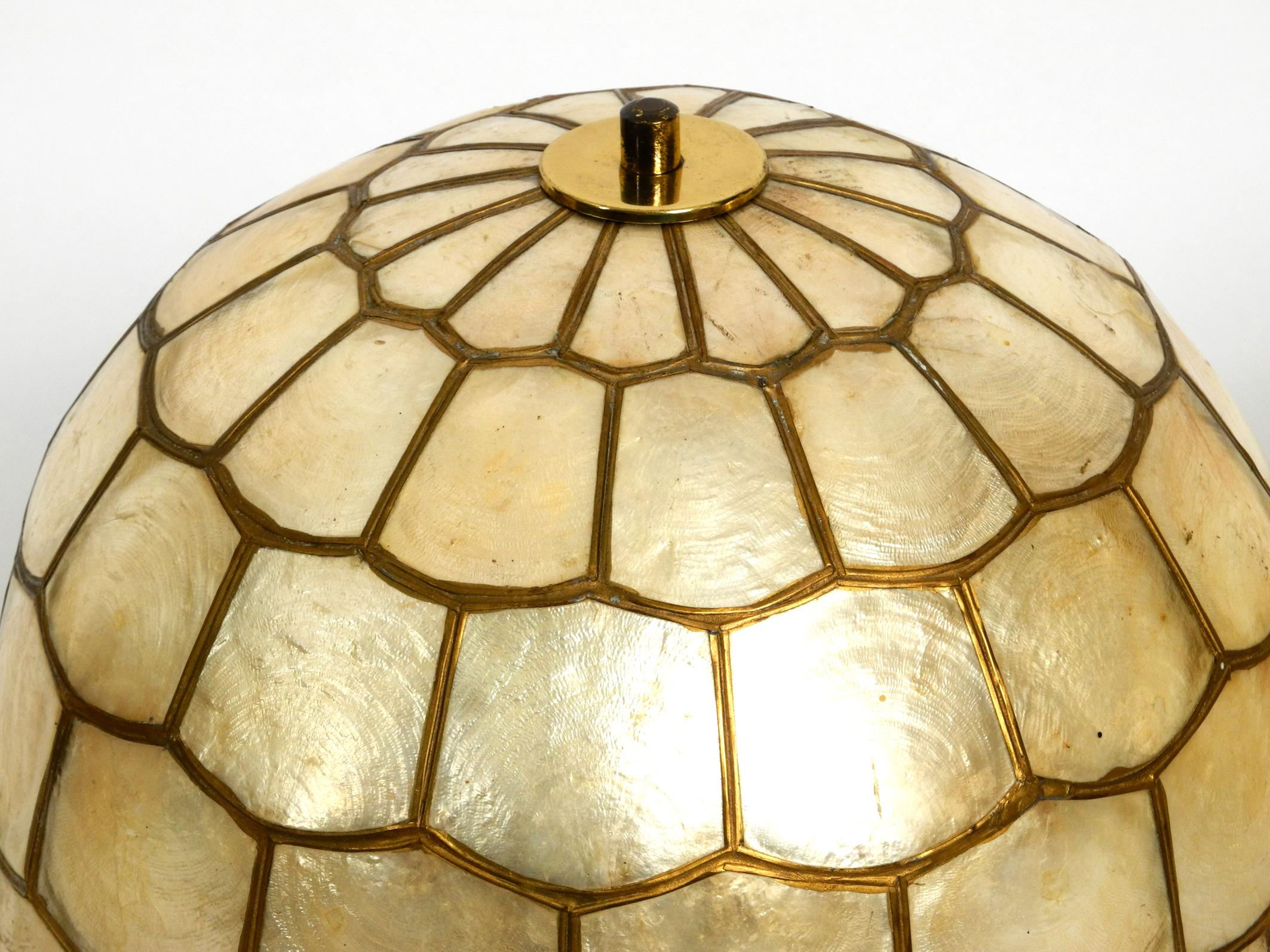 Italian Pair of Beautiful Large 1960s Brass Table Lamps with Mother of Pearl Shades