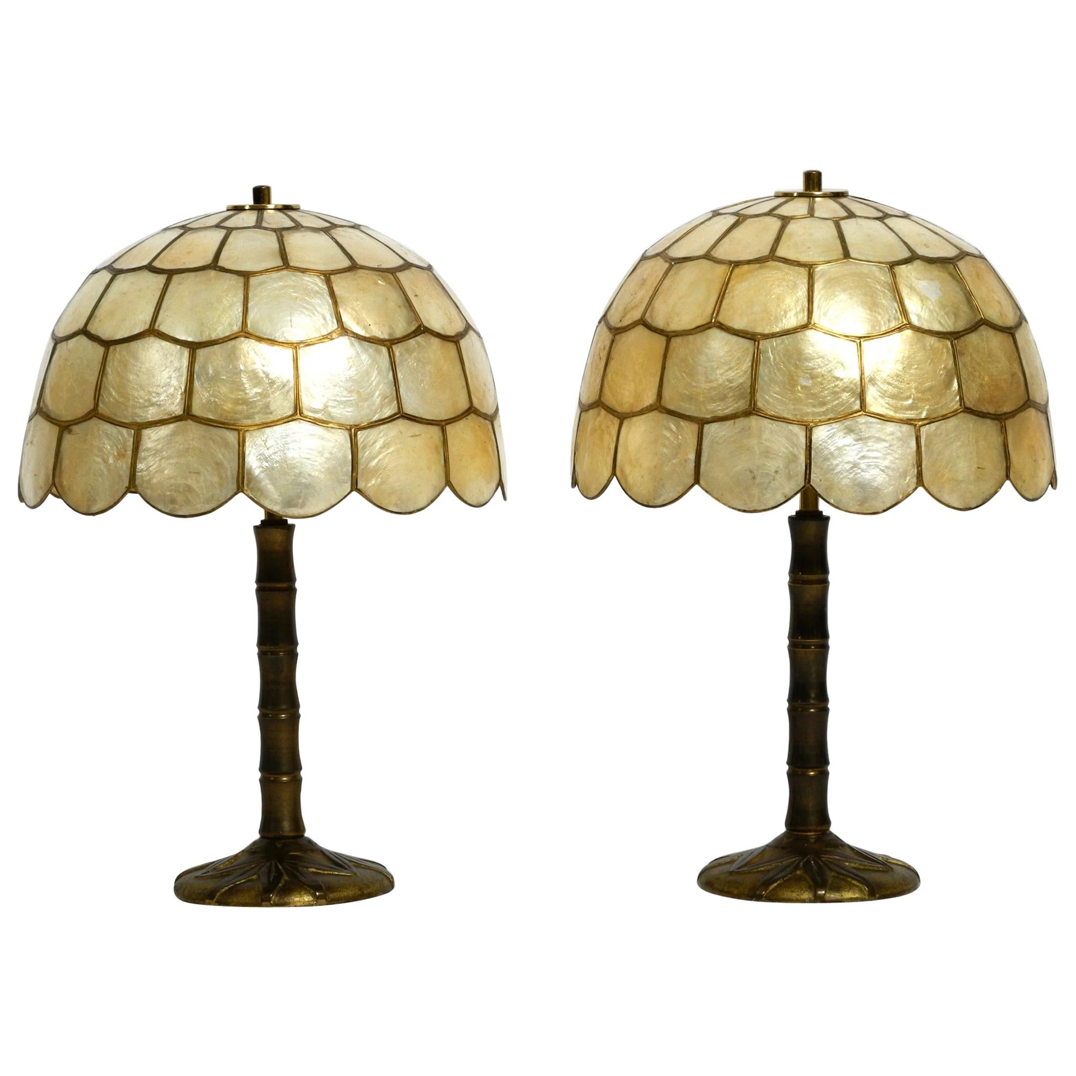 Pair of Beautiful Large 1960s Brass Table Lamps with Mother of Pearl Shades