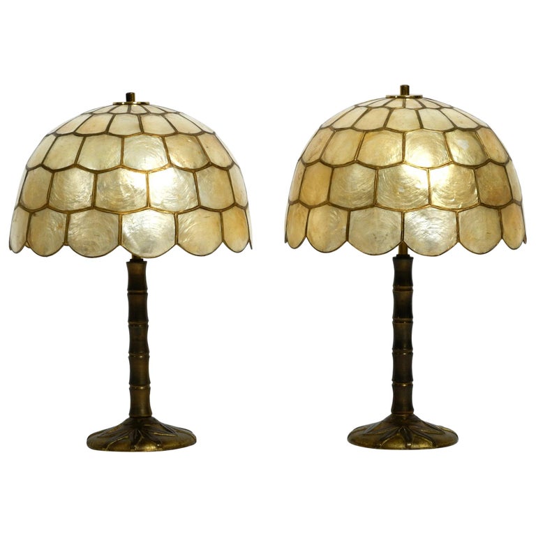 Large 1960s Brass Table Lamps, Mother Of Pearl Lampshade