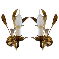 Pair of Beautiful Leaf Tole Sconces, 1960s, Italy