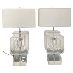 Pair of Beautiful Lucite Sculptured Table Lamps, Mid Century