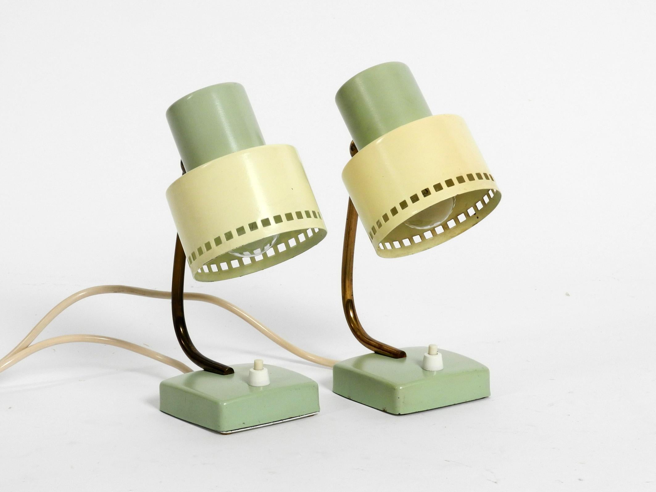 Pair of Beautiful Midcentury Metal Bedside Lamps in Mint Green and Yellow 2