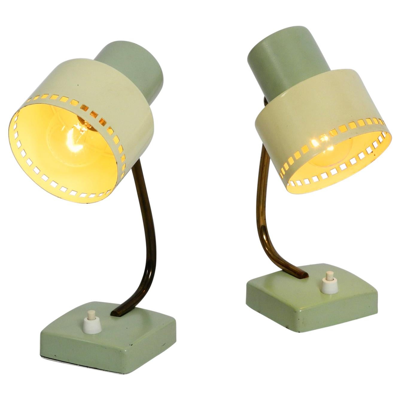 Pair of Beautiful Midcentury Metal Bedside Lamps in Mint Green and Yellow