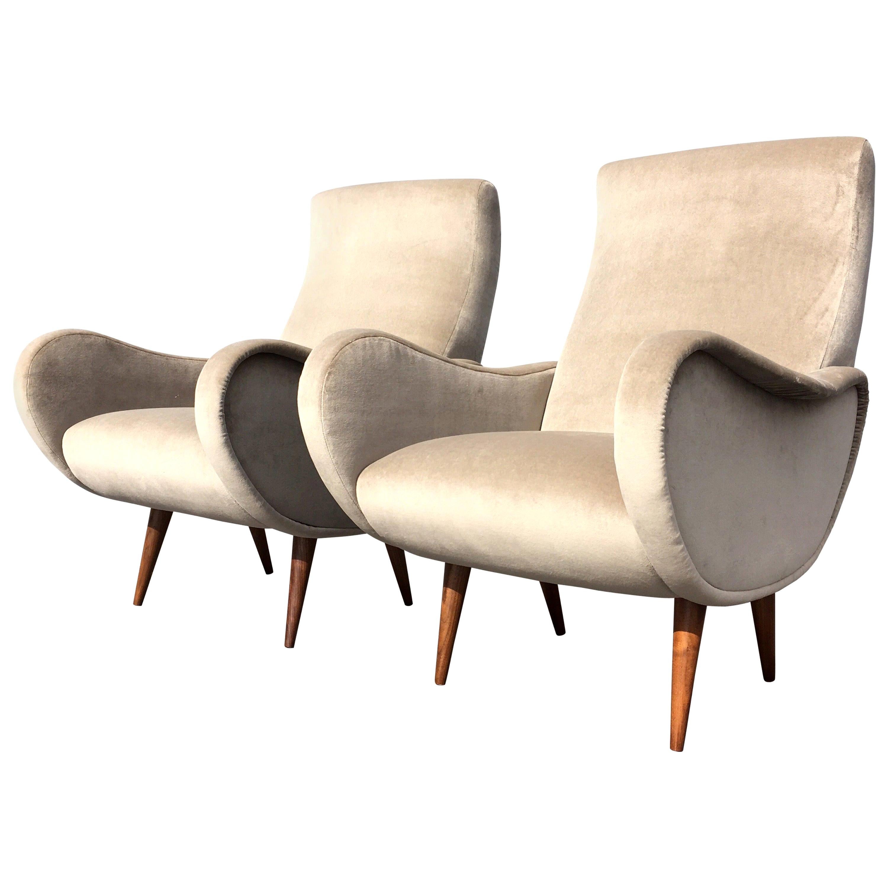 Pair of Beautiful Organic Lounge Chairs, Walnut, Velvet