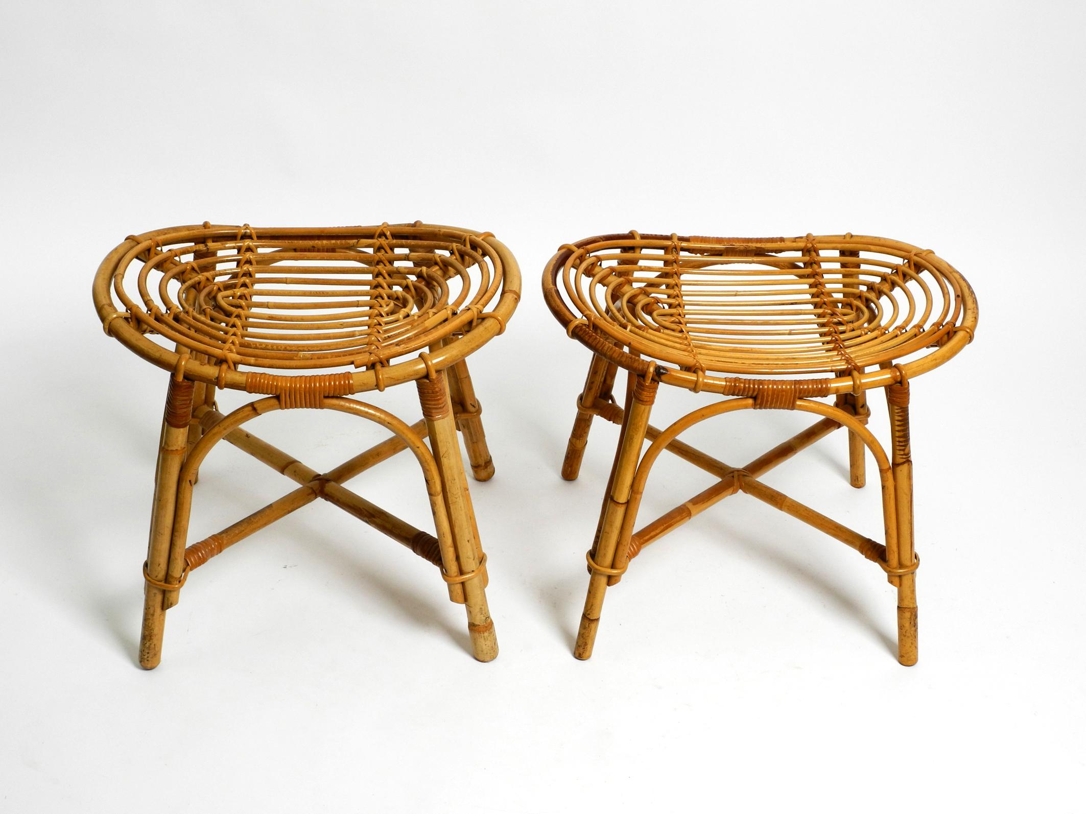 Regency Pair of beautiful original 1980s bamboo stools in a rare oval shape