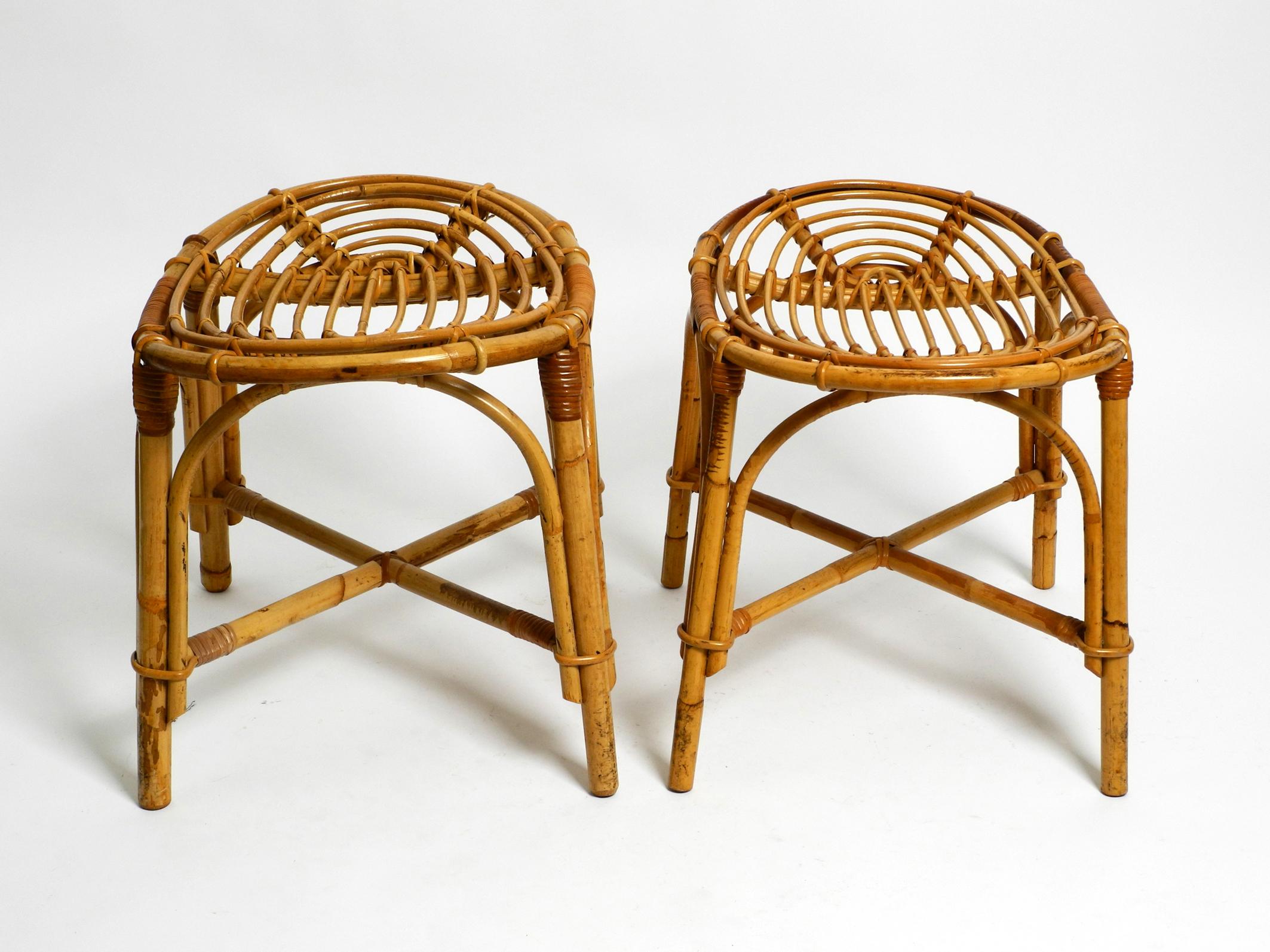 European Pair of beautiful original 1980s bamboo stools in a rare oval shape