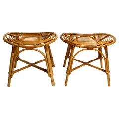 Pair of beautiful original 1980s bamboo stools in a rare oval shape
