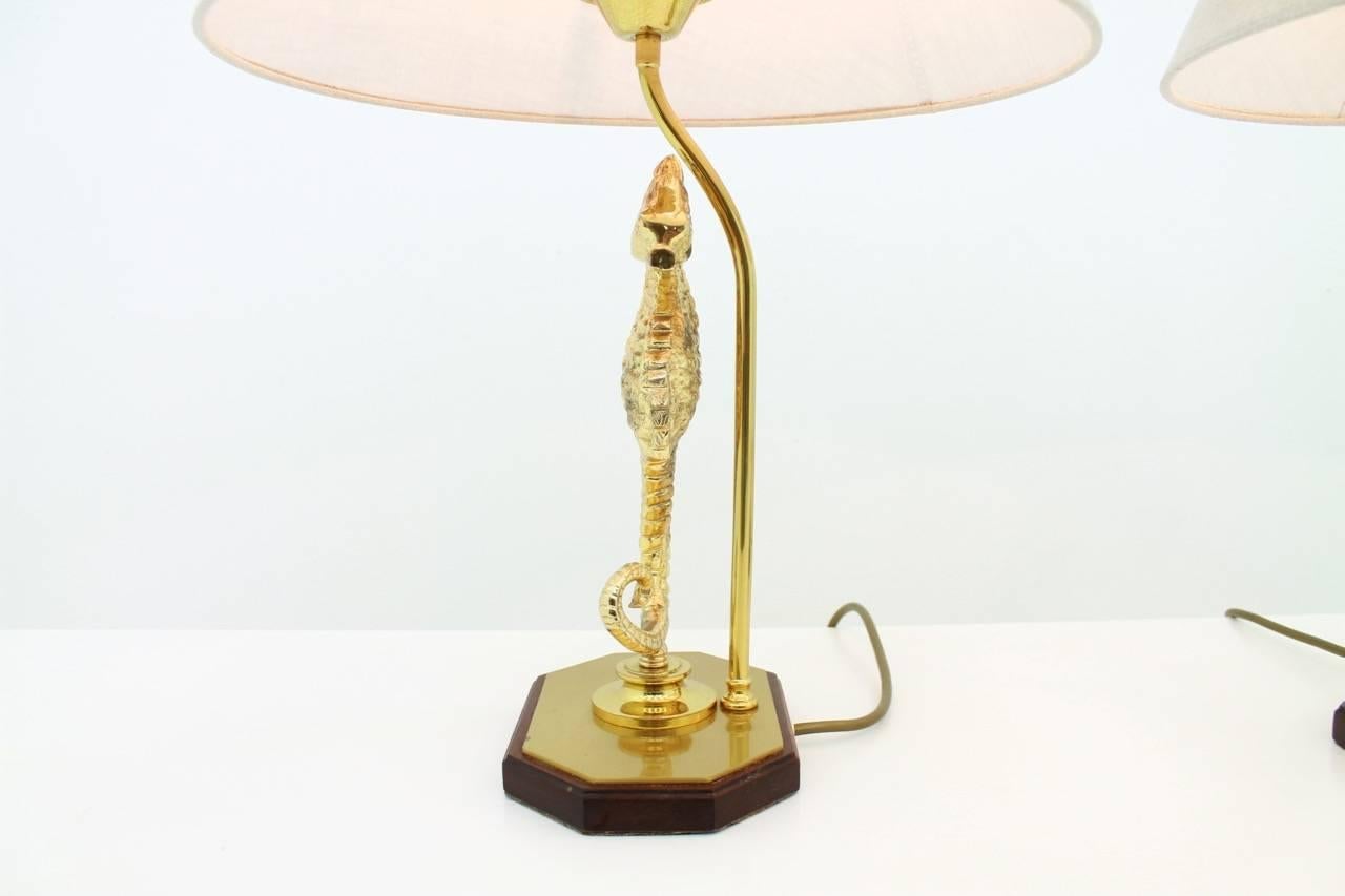 Hollywood Regency Seahorse Table Lamps in Brass 1970s