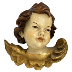 Pair of beautiful Wood Carved Cherub Angel Heads, Vintage German, 1950s