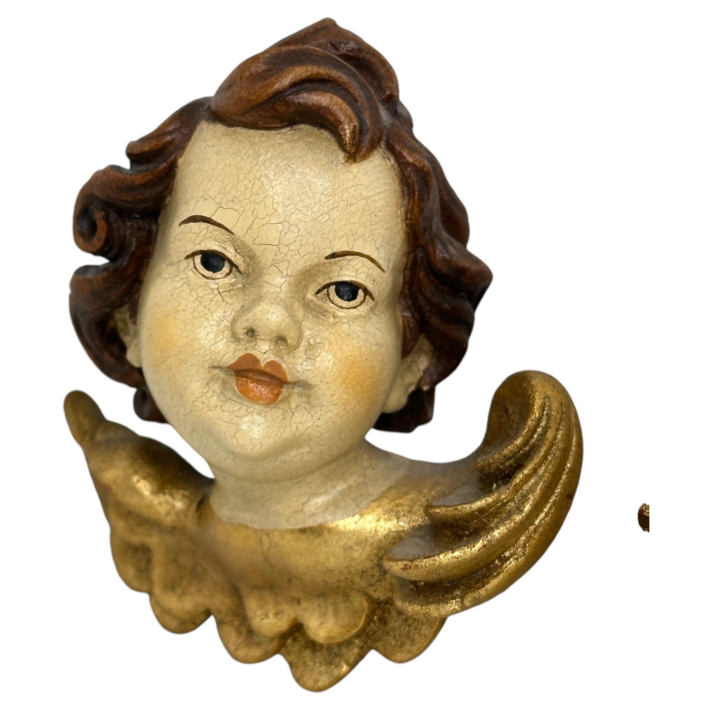 Baroque Pair of beautiful Wood Carved Cherub Angel Heads, Vintage German, 1950s For Sale