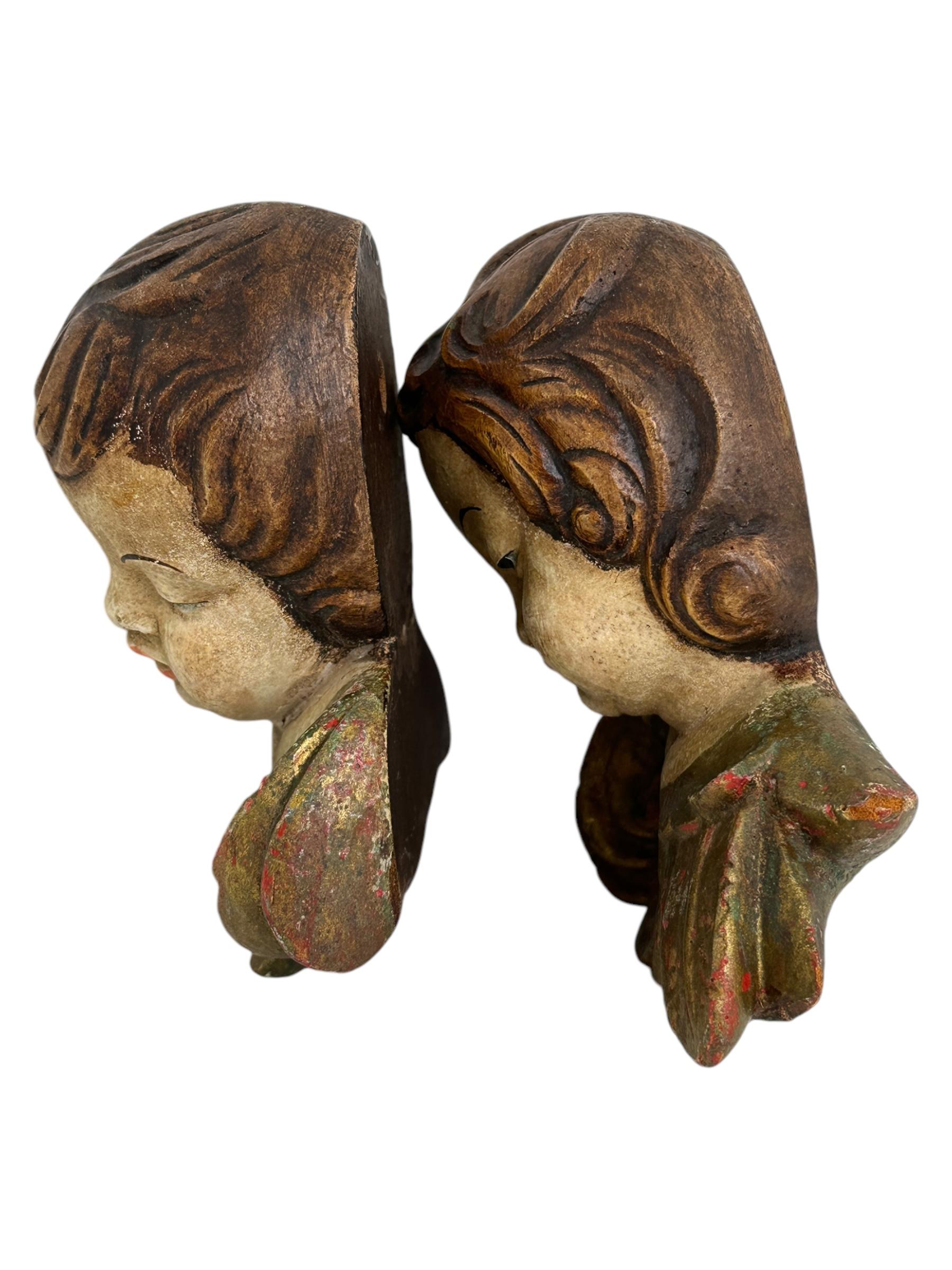 Mid-20th Century Pair of beautiful Wood Carved Cherub Angel Heads, Vintage German, 1960s For Sale