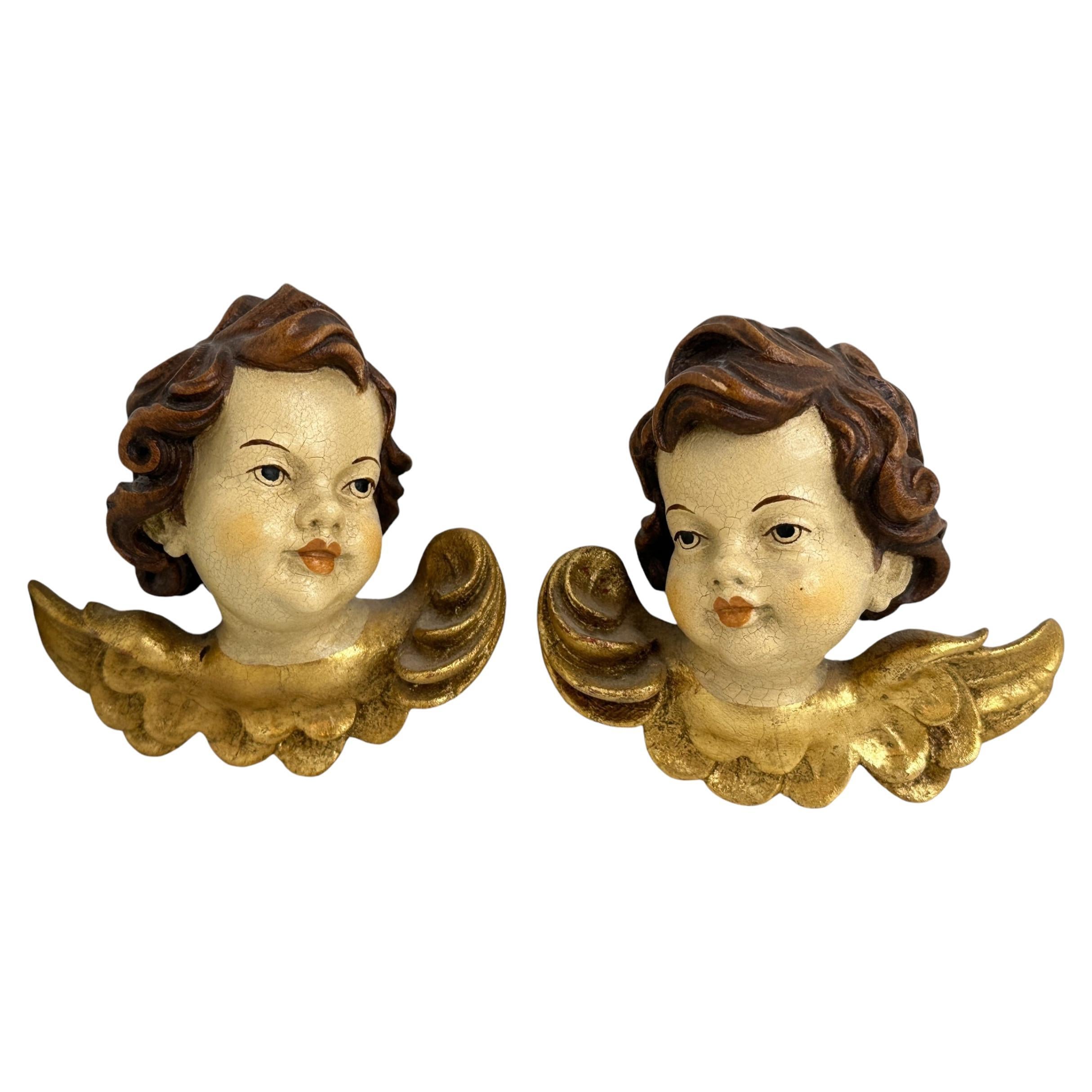 Pareja de hermosas cabezas de ángeles querubines talladas en madera, vintage alemán, años 50