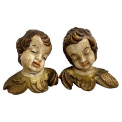 Pair of beautiful Wood Carved Cherub Angel Heads, Vintage German, 1960s