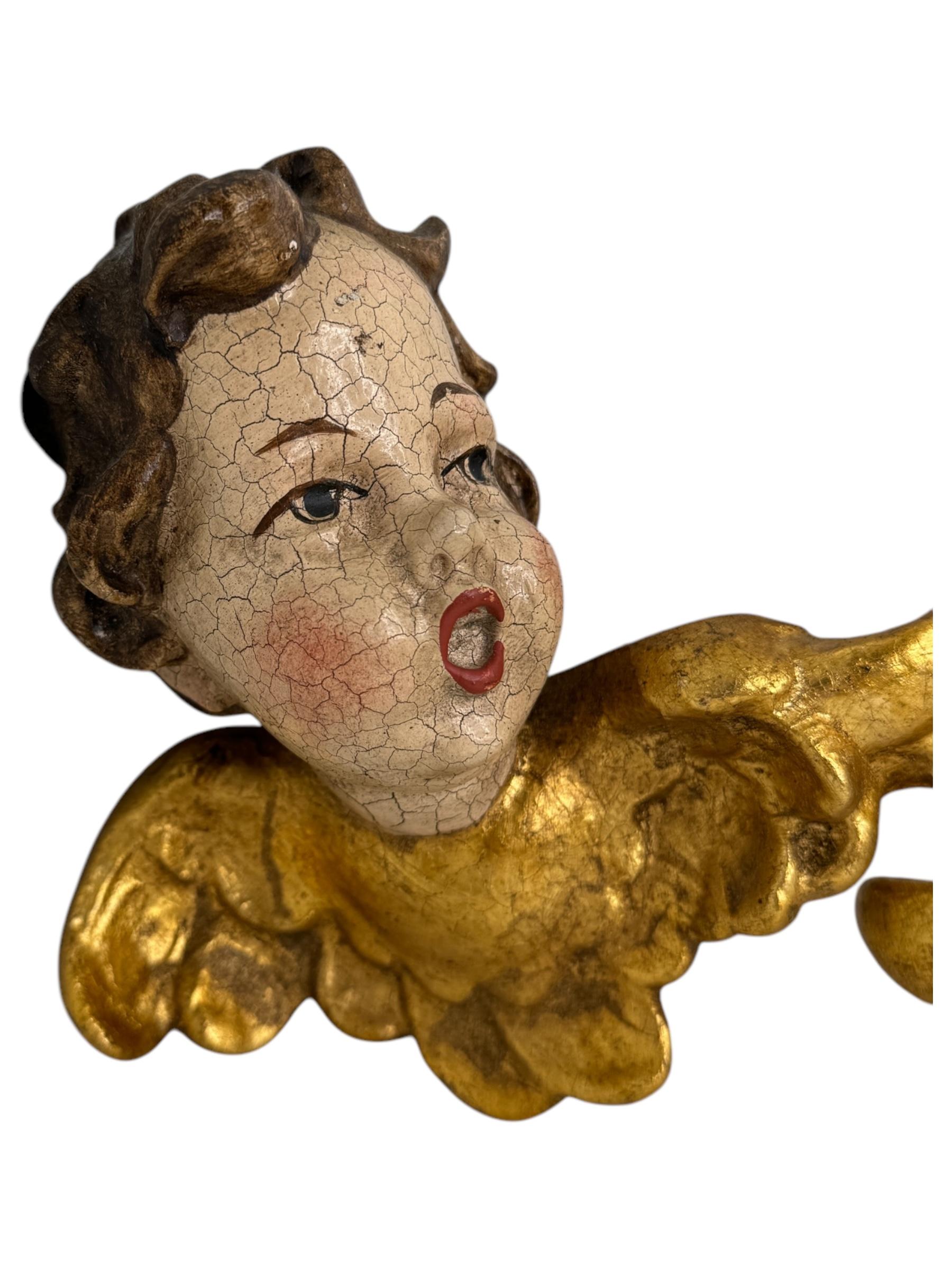 Baroque Pair of beautiful Wood Carved Cherub Angel Heads, Vintage German, 1960s For Sale