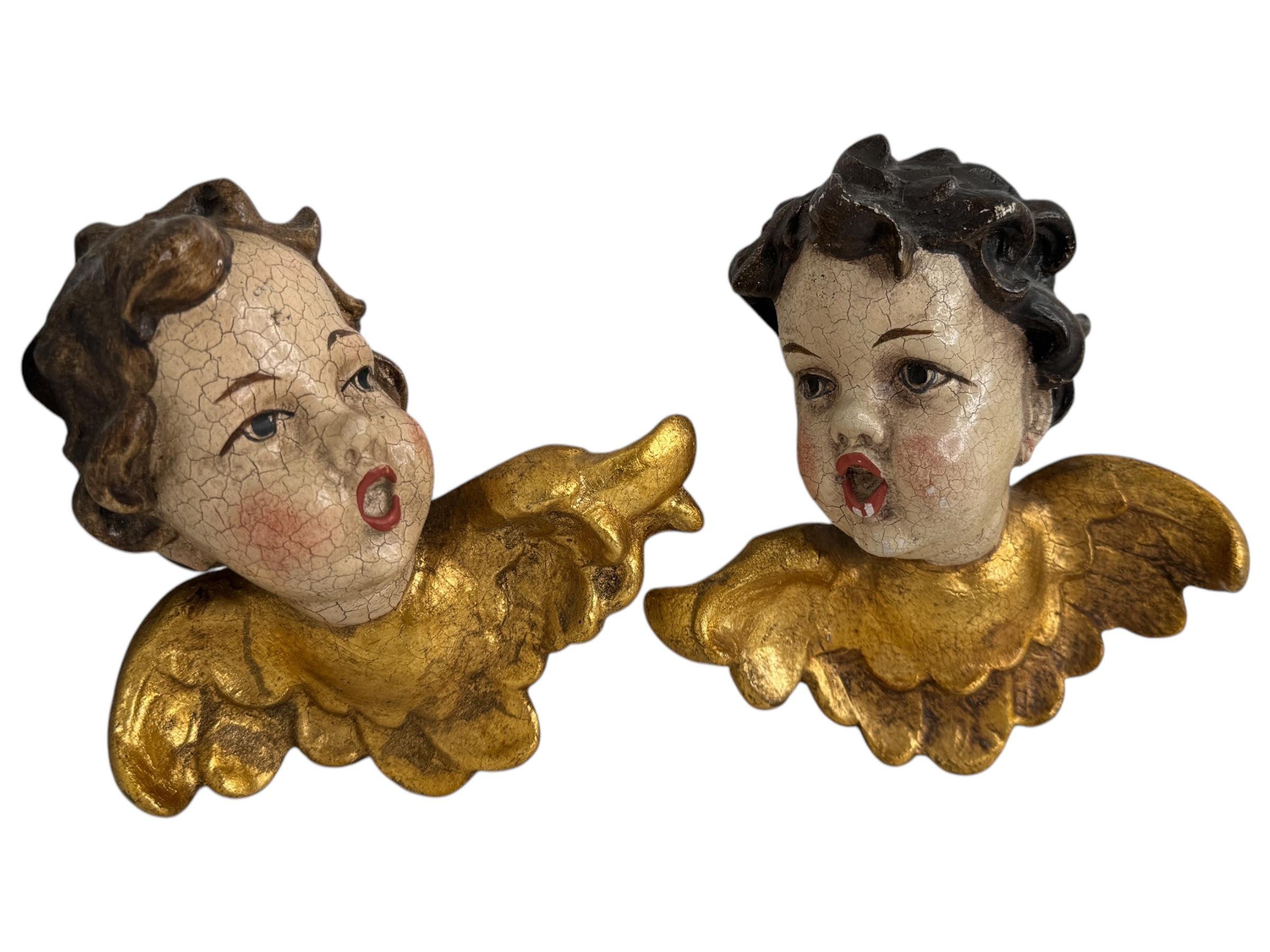 Mid-20th Century Pair of beautiful Wood Carved Cherub Angel Heads, Vintage German, 1960s For Sale