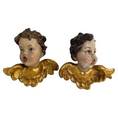 Pair of beautiful Wood Carved Cherub Angel Heads, Vintage German, 1960s