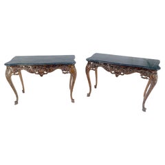 Pair of Beautifully Carved Black Marble Tessellated Top Console Hall Wall Tables