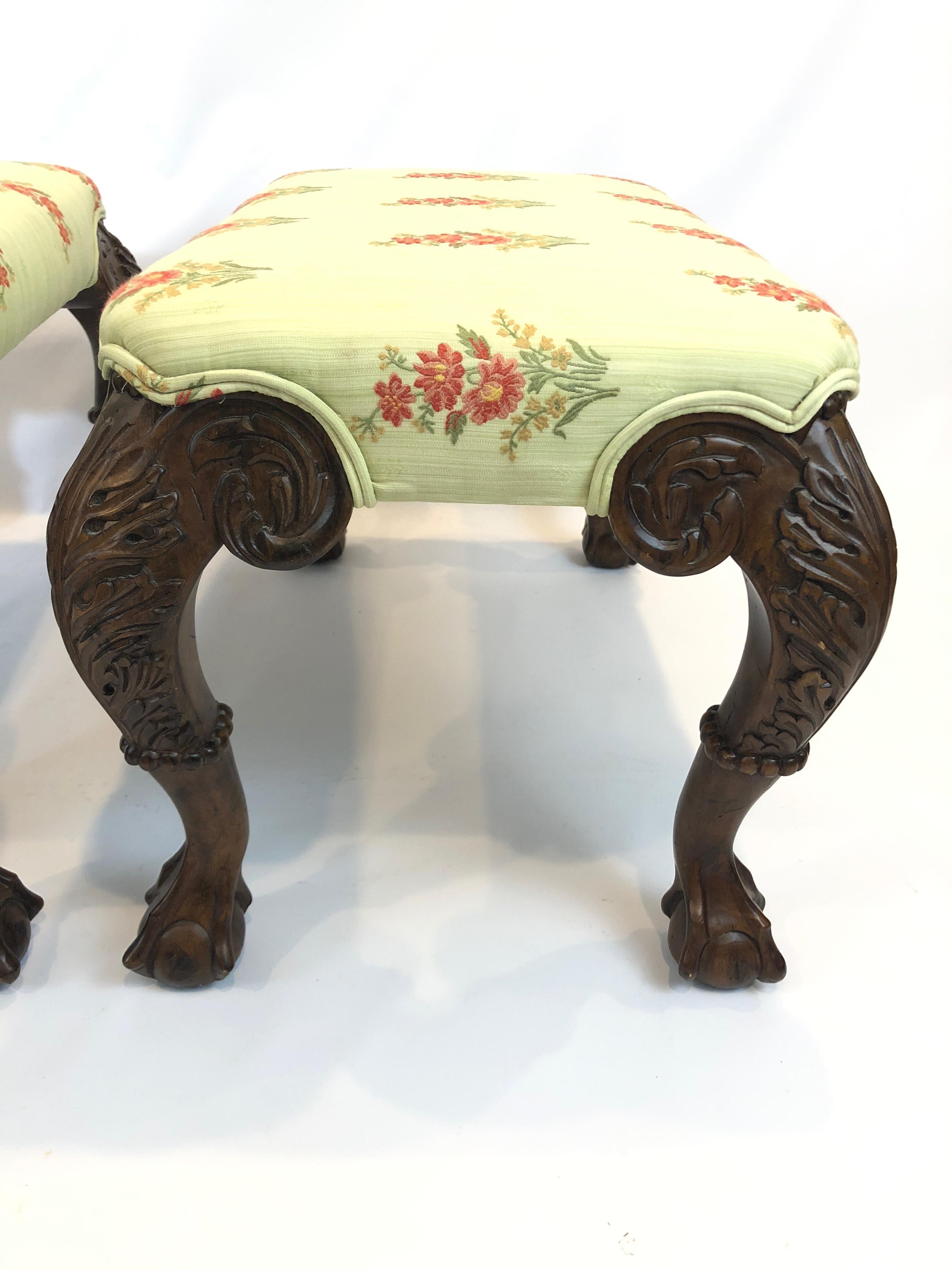 Pair of Beautifully Carved and Upholstered Benches In Excellent Condition For Sale In Hopewell, NJ