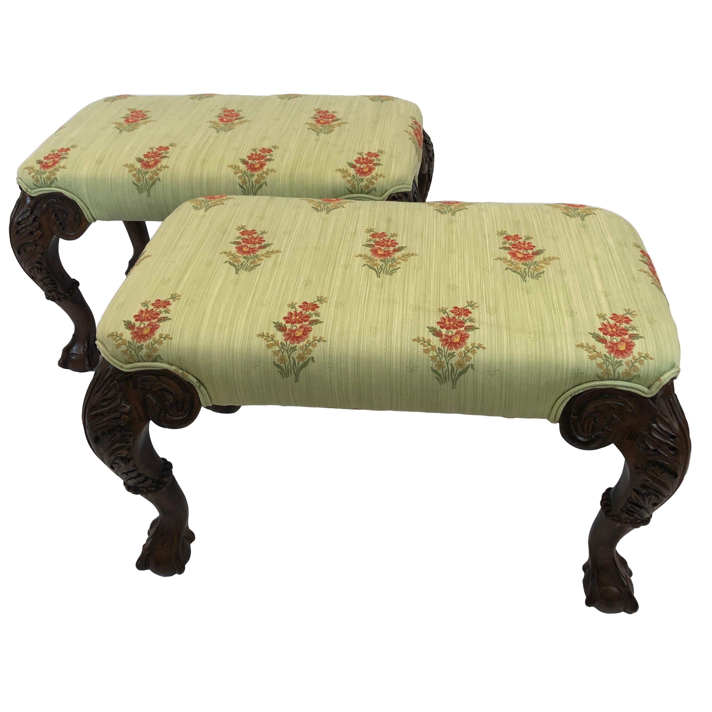 Pair of Beautifully Carved and Upholstered Benches