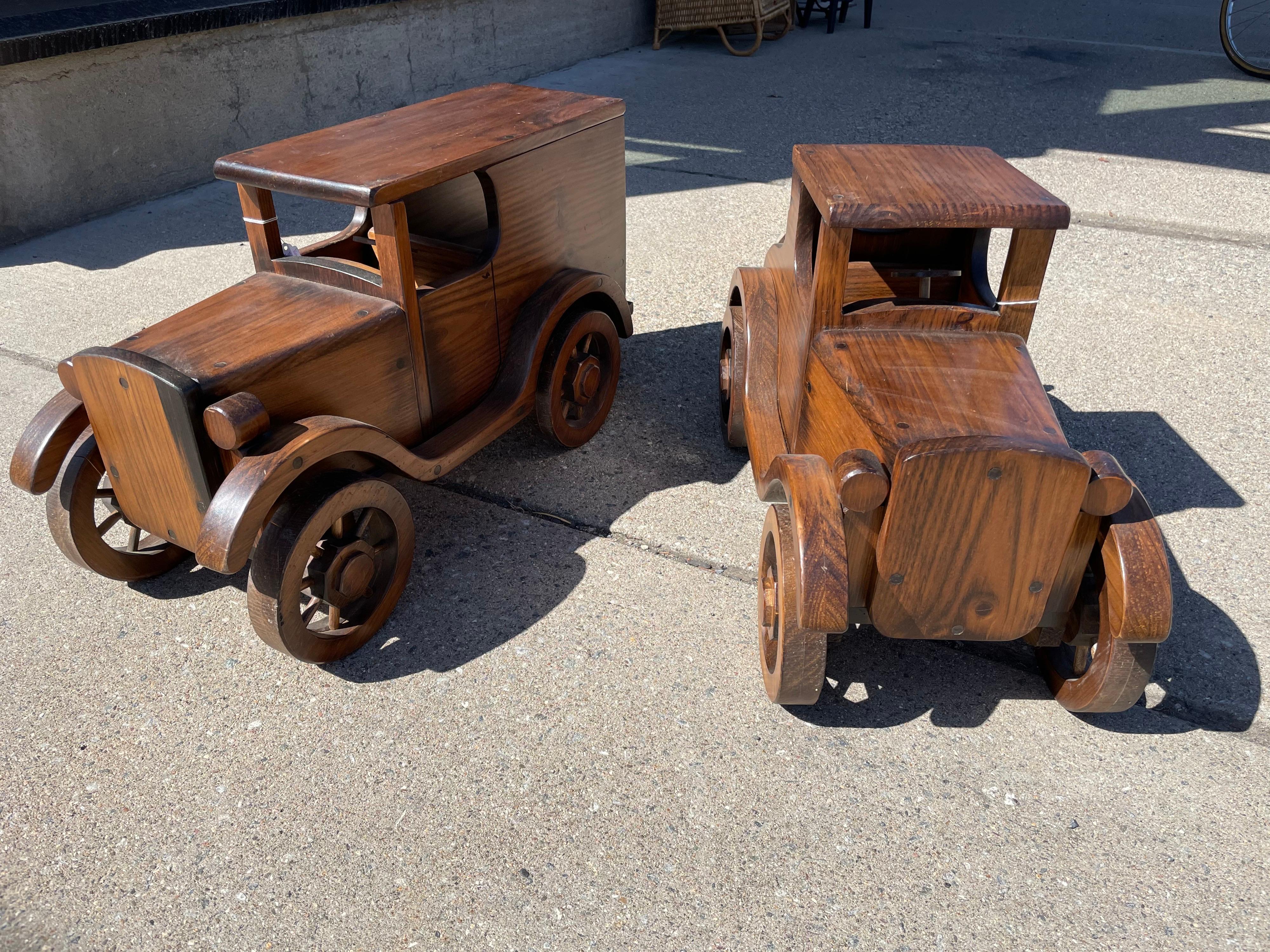 Pair of Beautifully Crafted Handmade Wooden Large Automobiles In Good Condition In Bronx, NY