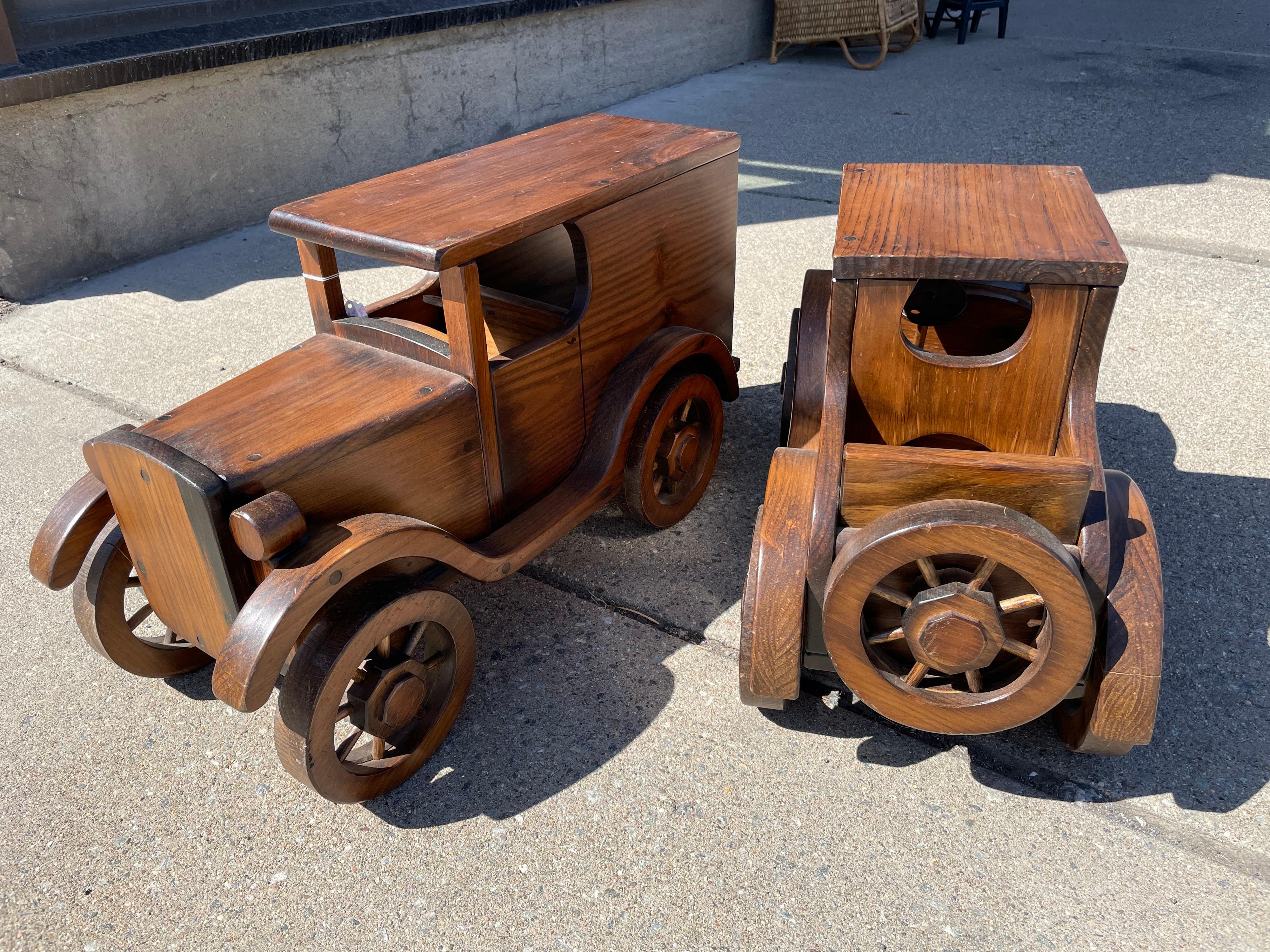 Mid-20th Century Pair of Beautifully Crafted Handmade Wooden Large Automobiles