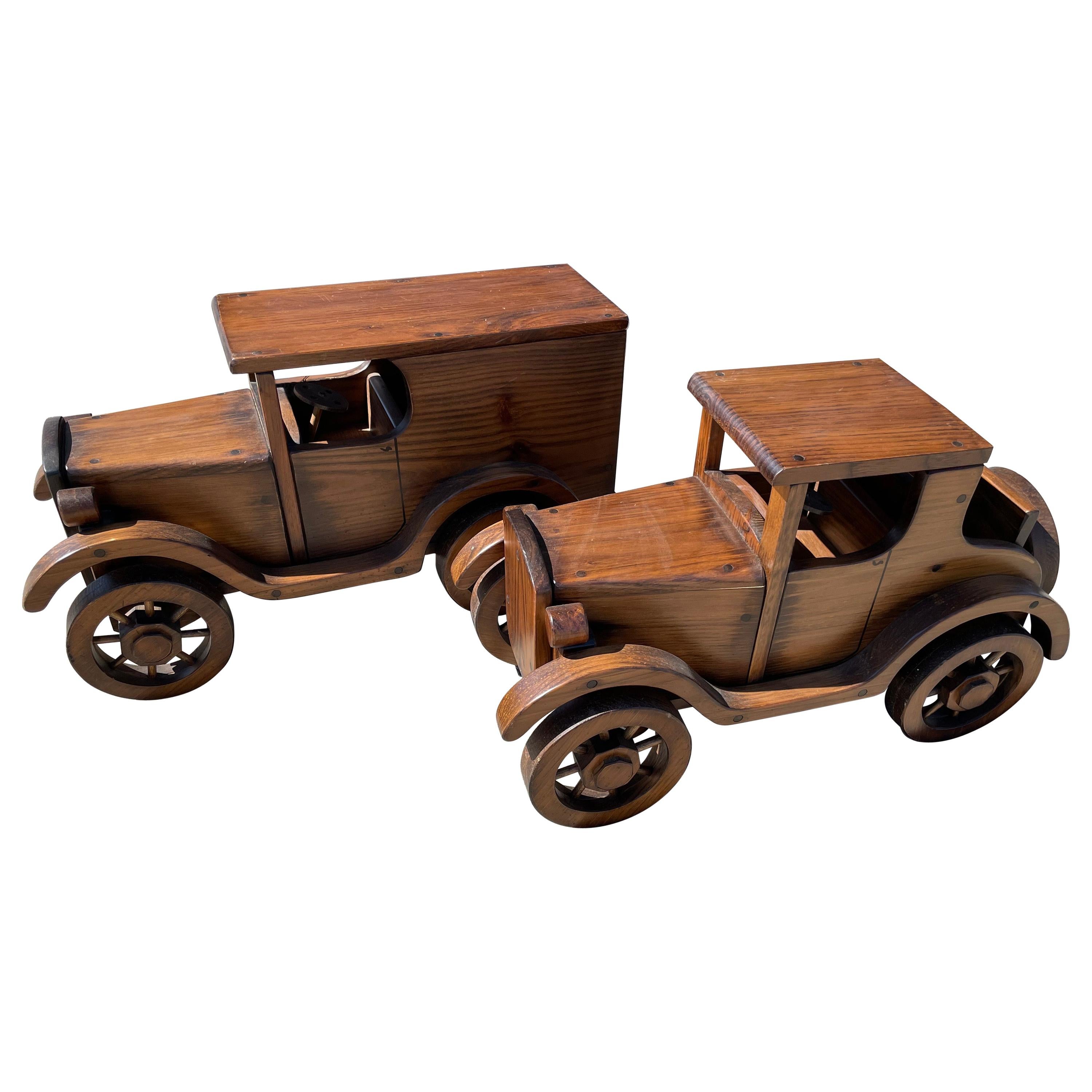 Pair of Beautifully Crafted Handmade Wooden Large Automobiles