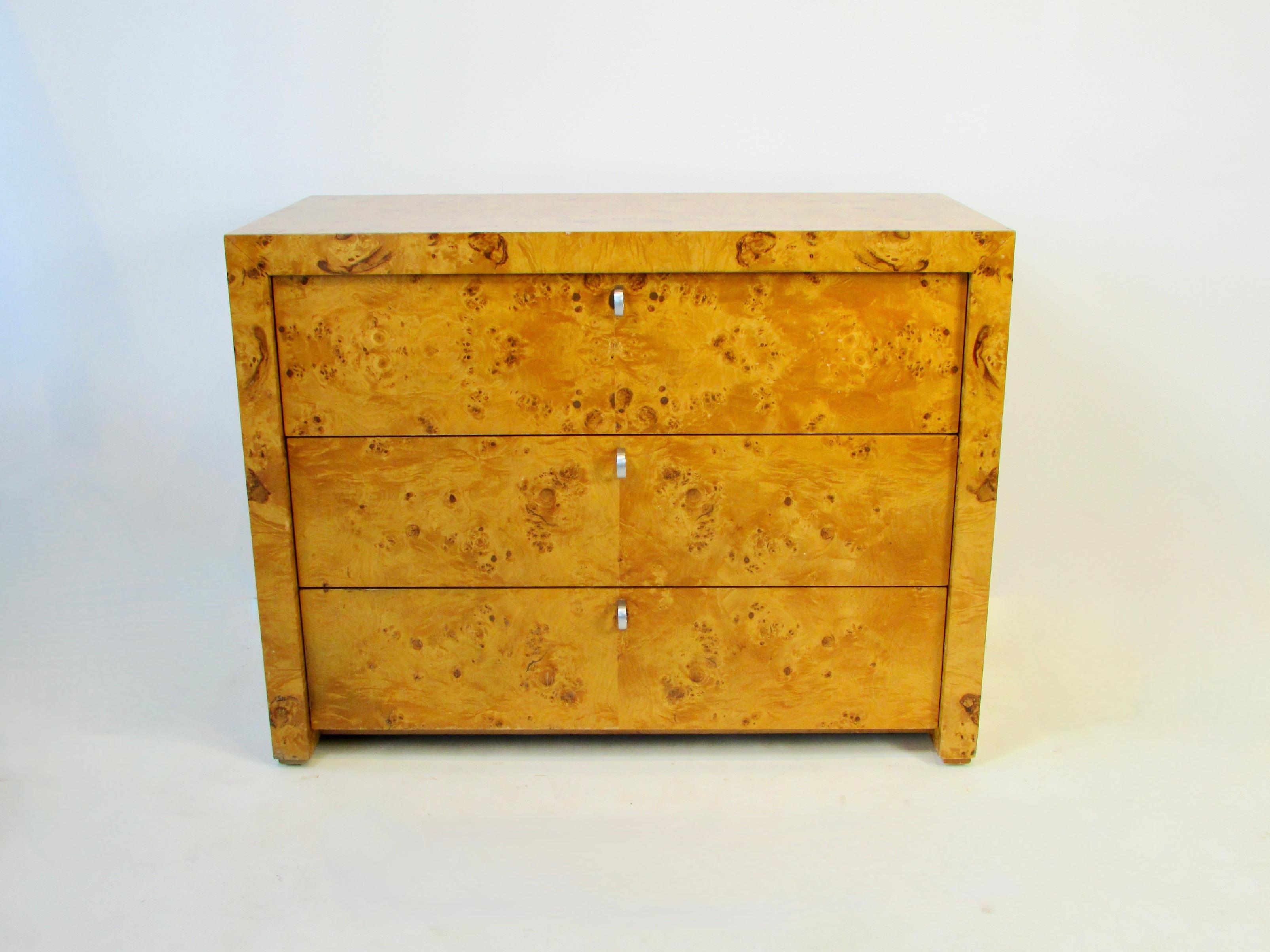 Mid-Century Modern Pair of Beautifully Grained Blonde Burl Three Drawer Chests Stamped Hekman