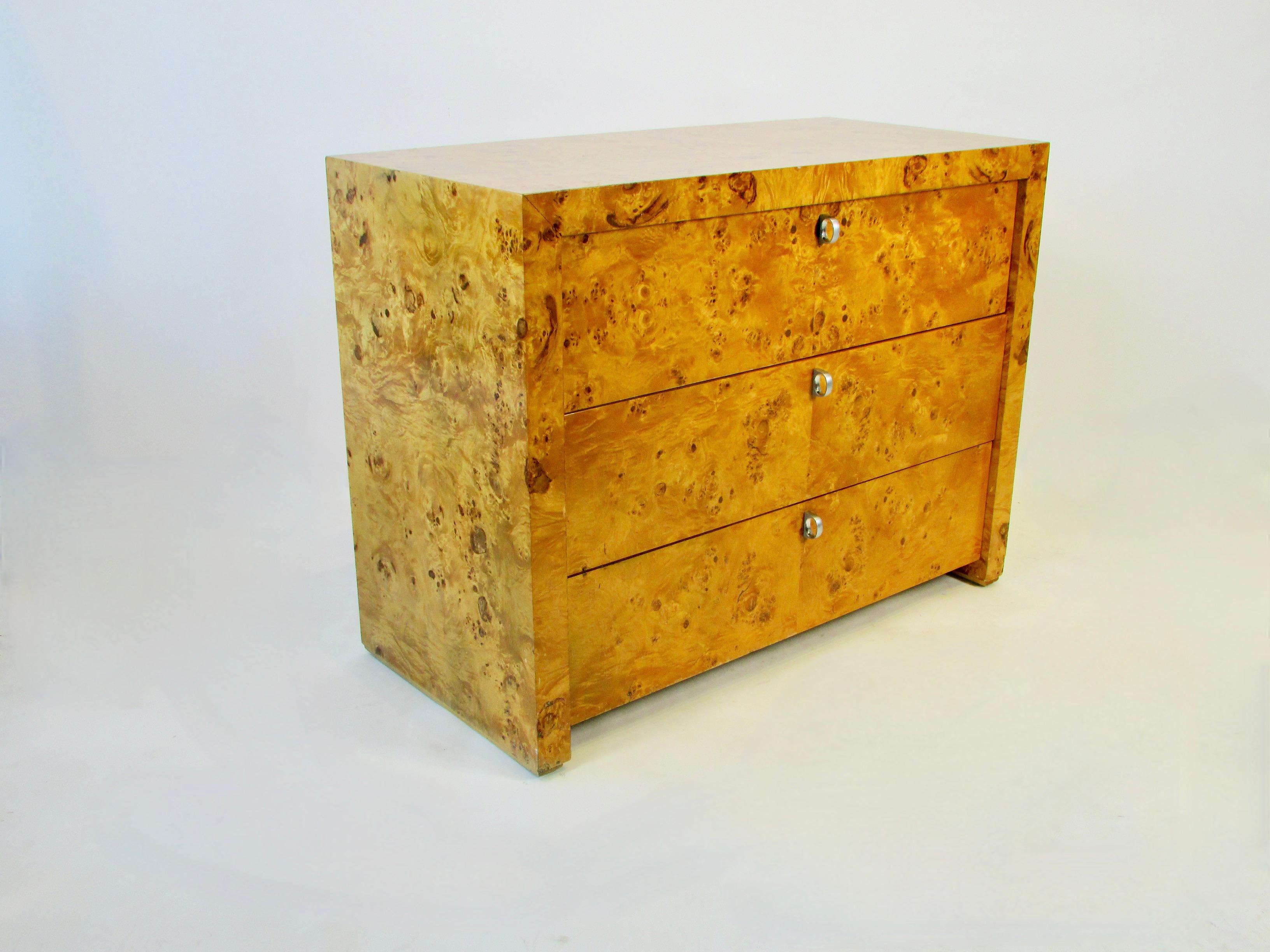 American Pair of Beautifully Grained Blonde Burl Three Drawer Chests Stamped Hekman